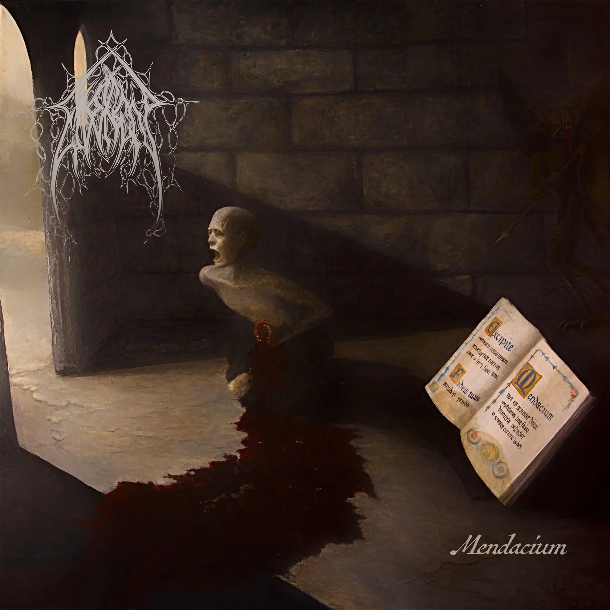 A painting of a tormented figure kneeling in a pool of blood inside a dark stone room, with an open book on the floor and a demon lurking in the shadows.