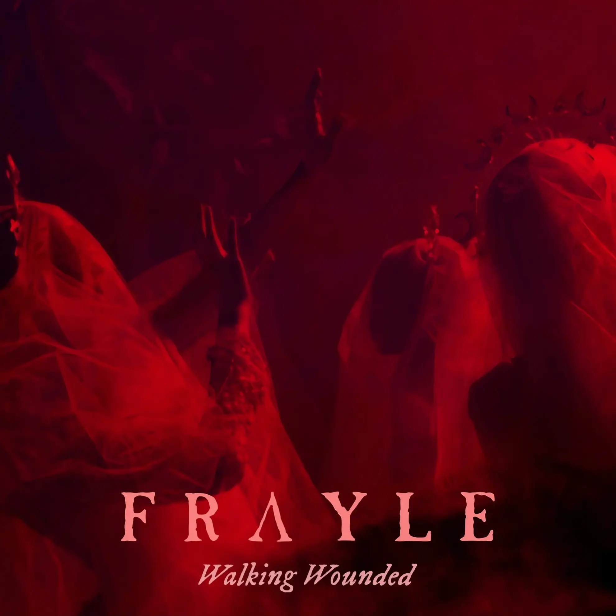 Red-toned artwork for Frayle’s single ‘Walking Wounded,’ showing veiled figures with raised arms and crowns.