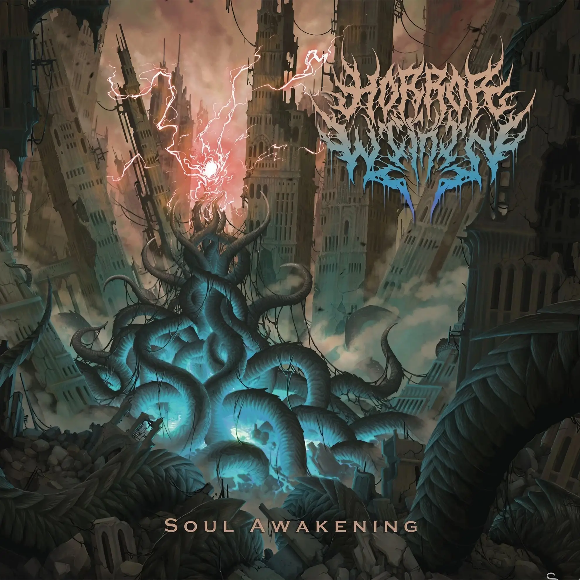 The album art for Horror Within’s ‘Soul Awakening.’ A mass of glowing blue tentacles rises from a ruined city as red lightning strikes from a dark sky.