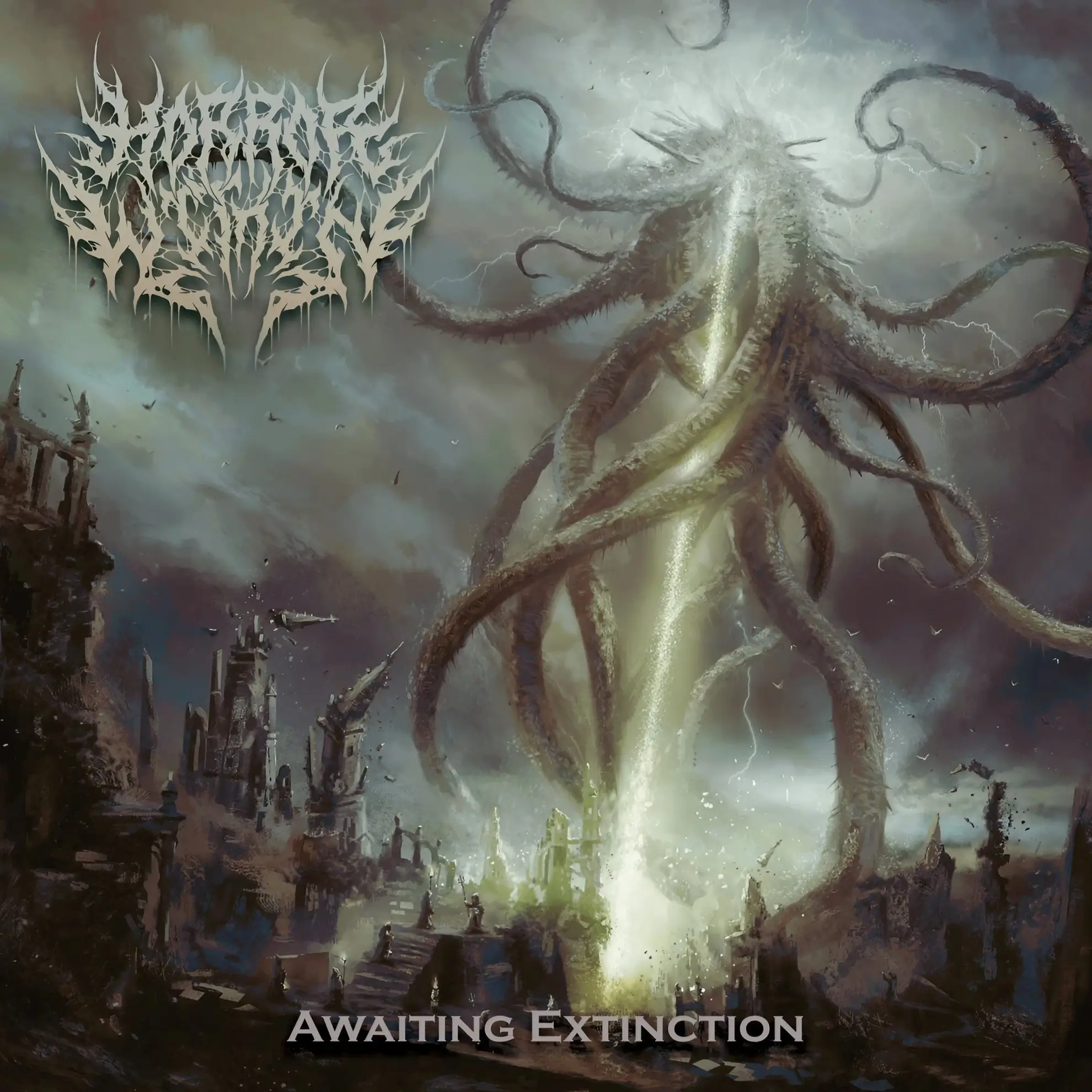 The album art for ‘Awaiting Extinction’: A massive, tentacled monster rises over a ruined city, emitting a beam of light.