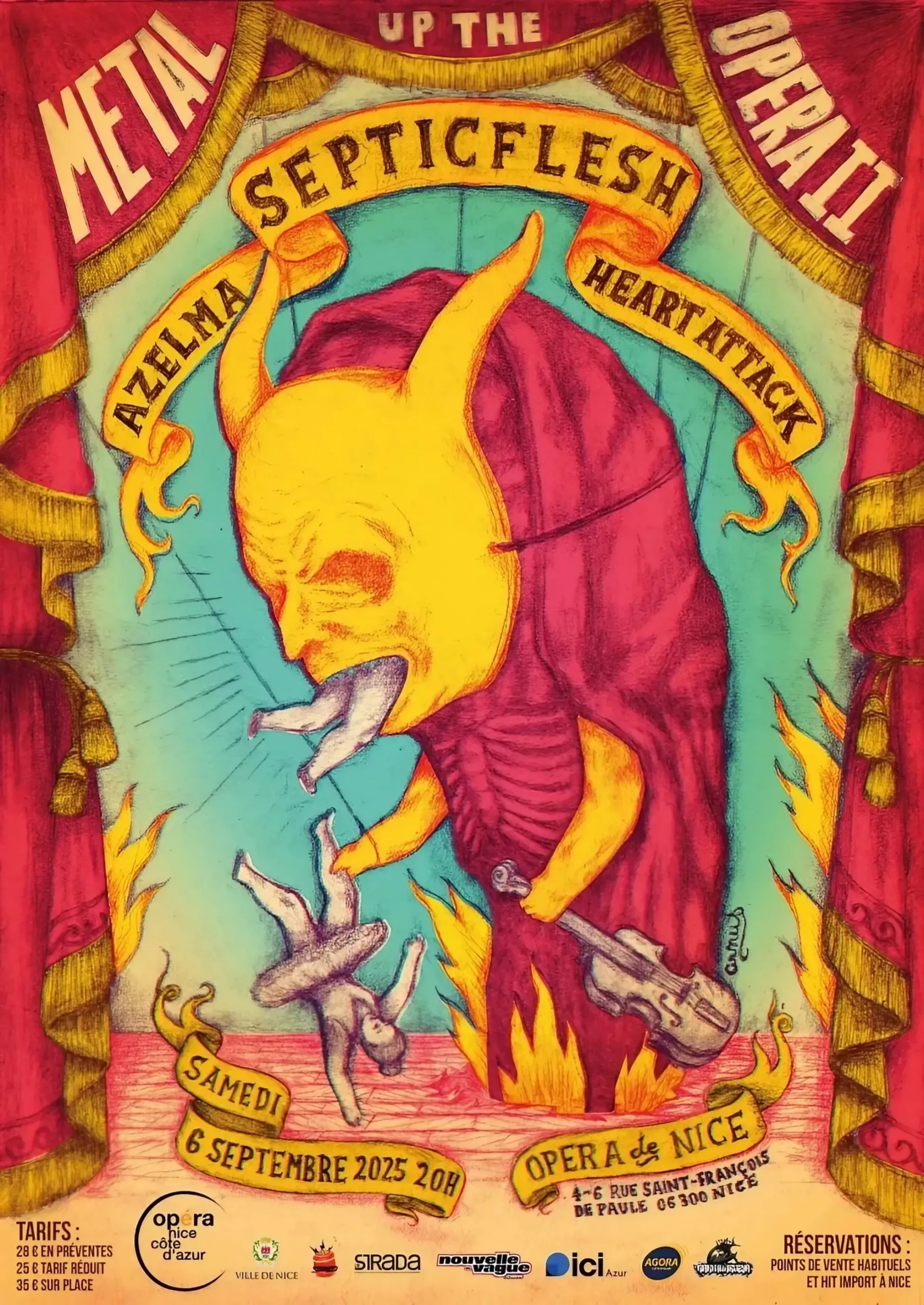 Metal Up The Opera Festival: Septicflesh Lead a Symphonic Confrontation at the Opéra de Nice Illustrated poster with a horned yellow figure, stylised flames, and large banners reading Septicflesh, Azelma, and Heart Attack.