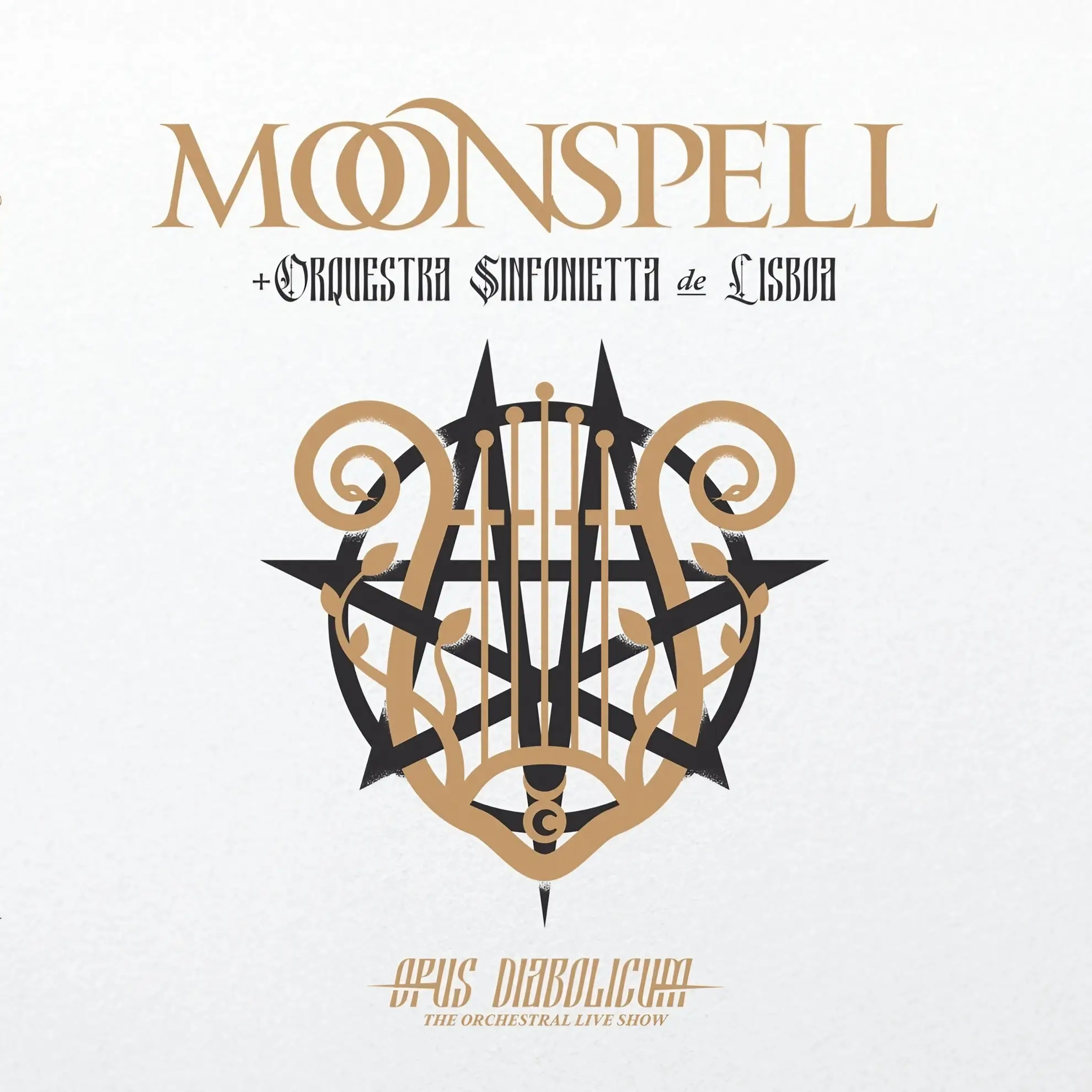 Album art for ‘Opus Diabolicum,’ featuring a central emblem that combines a golden lyre with a black, thorny star design on a white background.