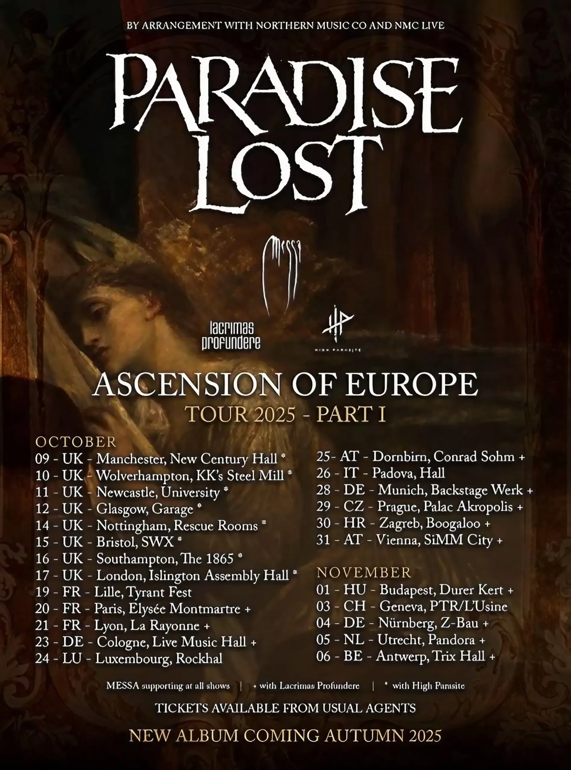 Poster for Paradise Lost’s Ascension of Europe Tour 2025, listing dates across the United Kingdom and Europe.