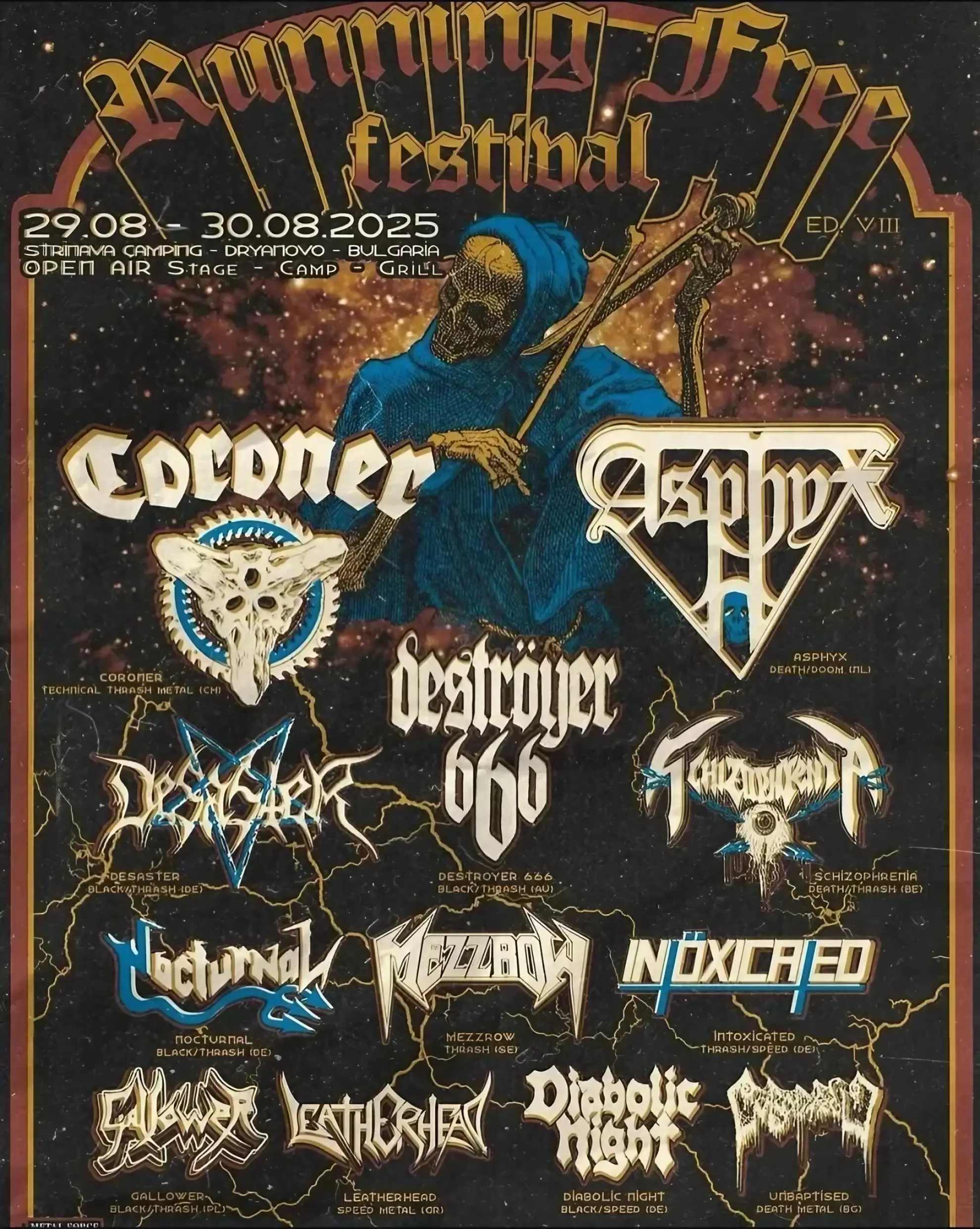 Illustrated poster for the Running Free Festival 2025 in Dryanovo, Bulgaria, listing Coroner as the headliner.