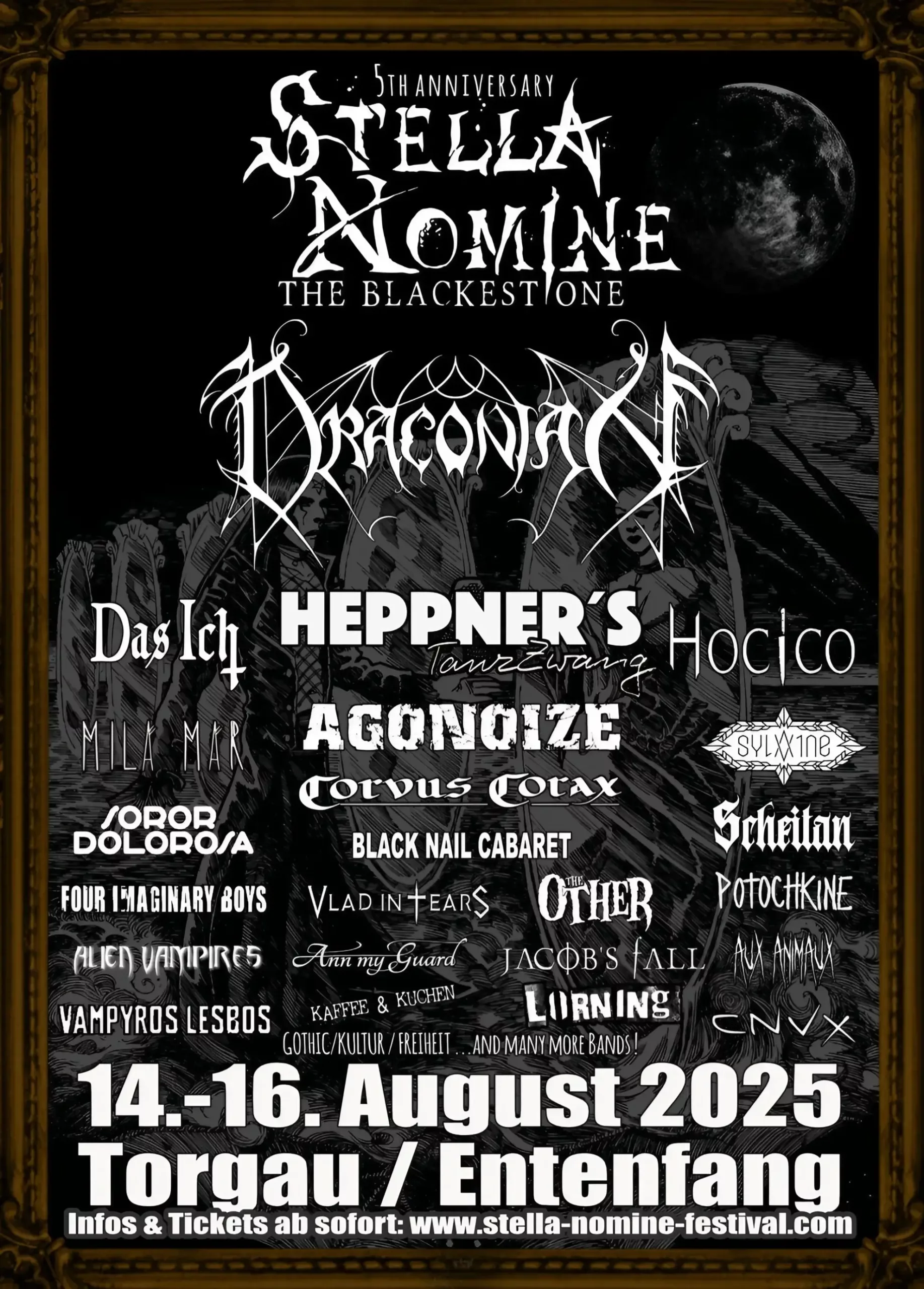 Dark background with ornate frame, white gothic-style text, and headliners Draconian, Heppner&rsquo;s TanzZwang, and Hocico in large type.