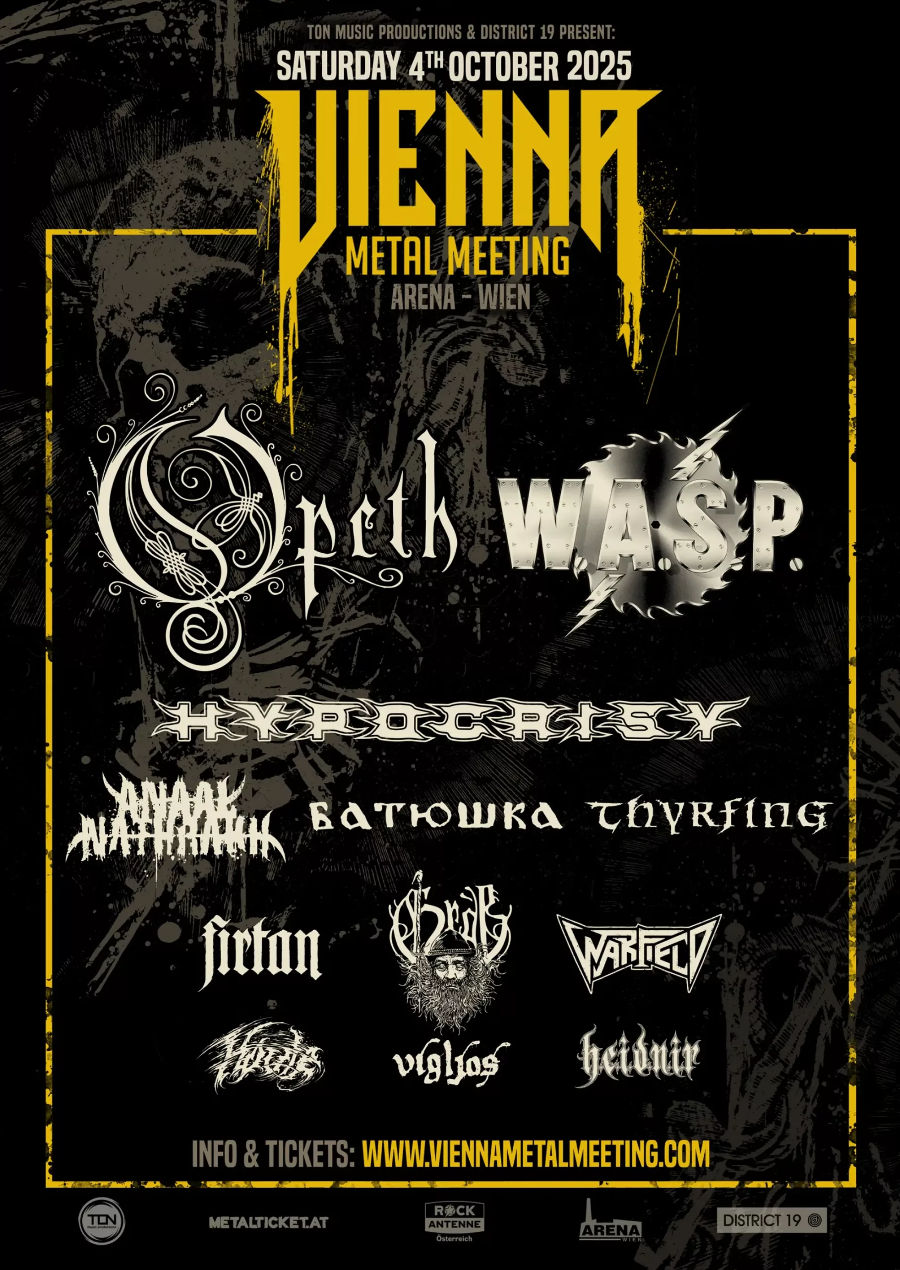 Dark poster with yellow Vienna Metal Meeting title, featuring Opeth and W.A.S.P. in large stylized fonts above venue details.