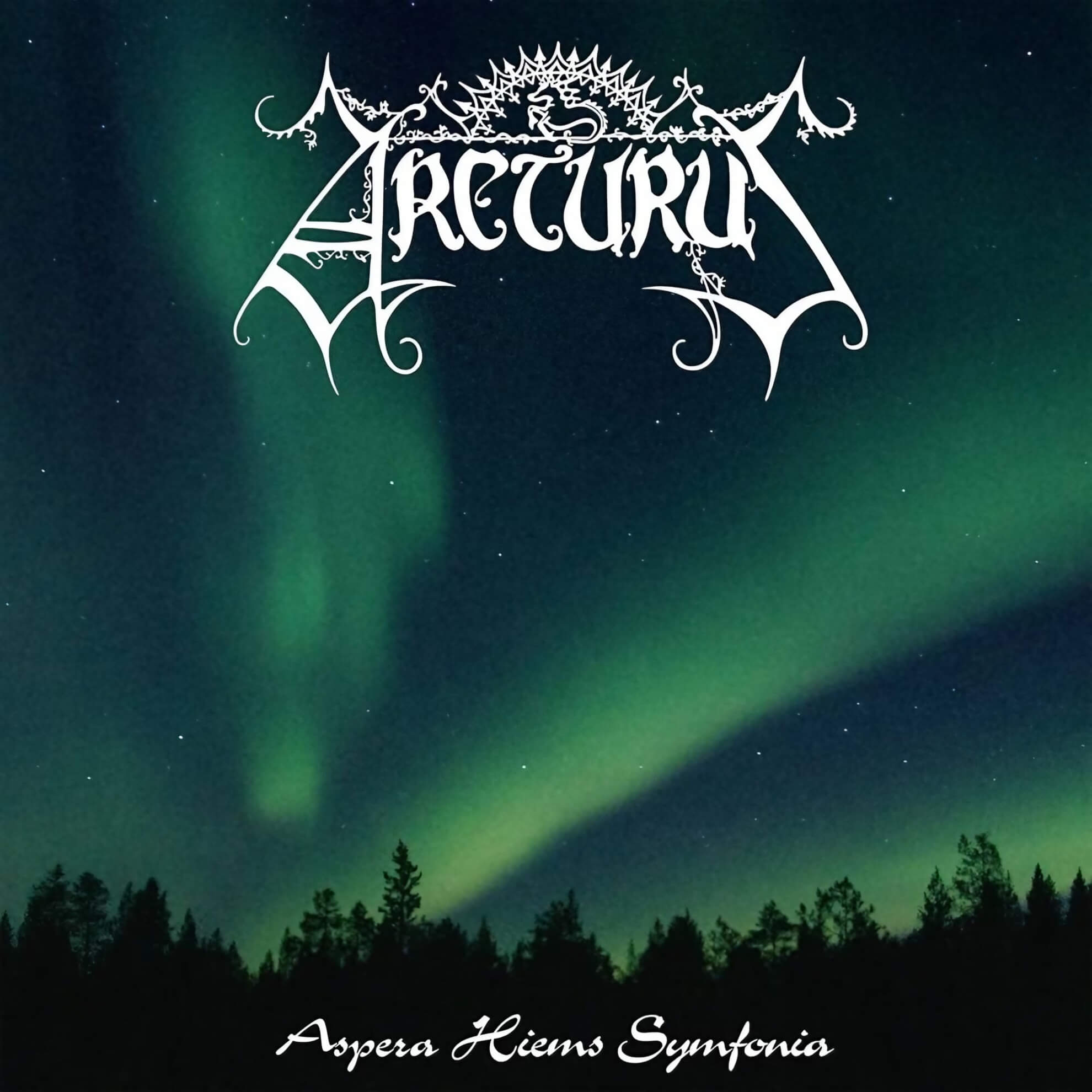 The album cover for Arcturus’s ‘Aspera Hiems Symfonia,’ showing the band’s logo over a photograph of the aurora borealis above a forest.
