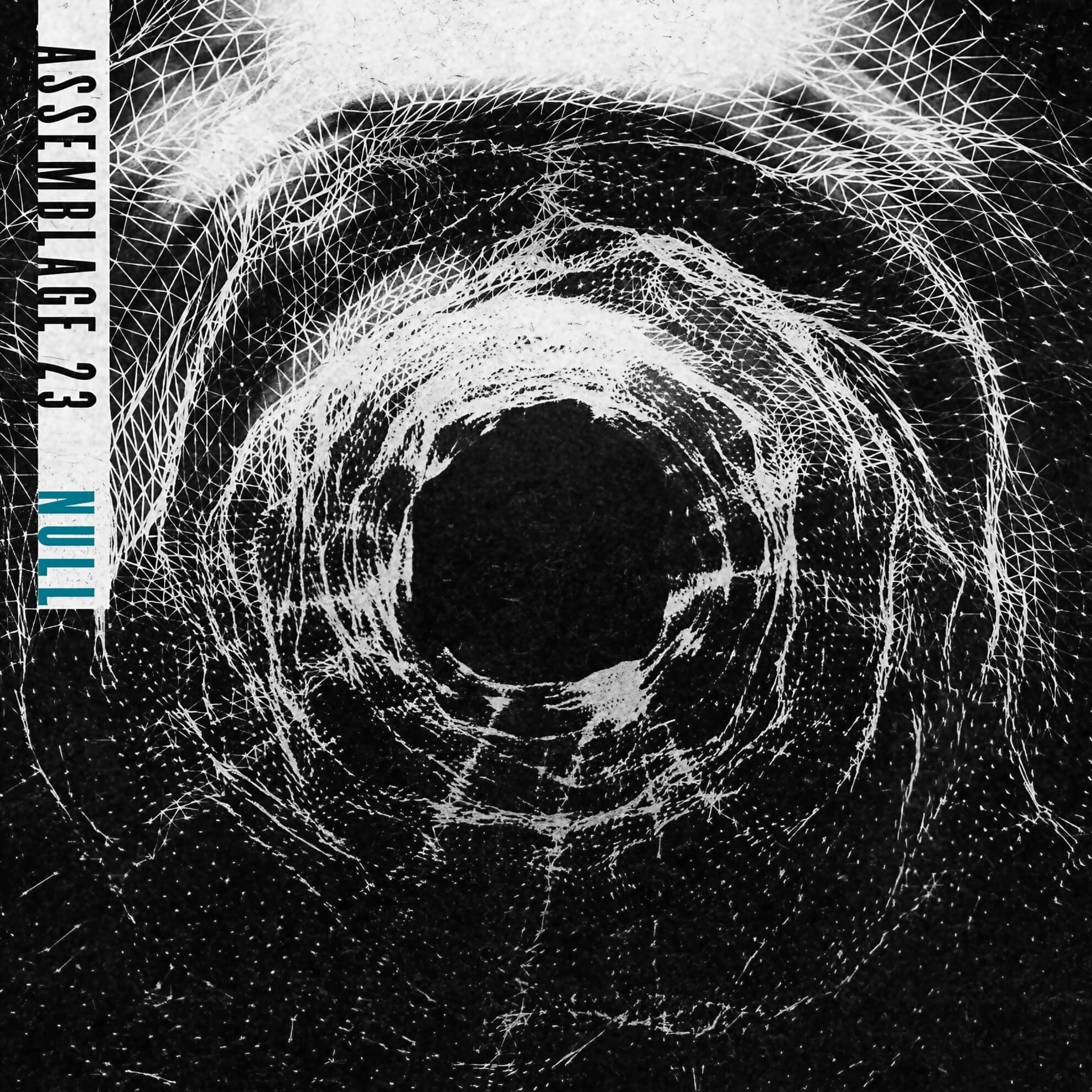 The black and white cover art for the Assemblage 23 album ‘Null,’ featuring an abstract wireframe vortex spiraling into a central black void.