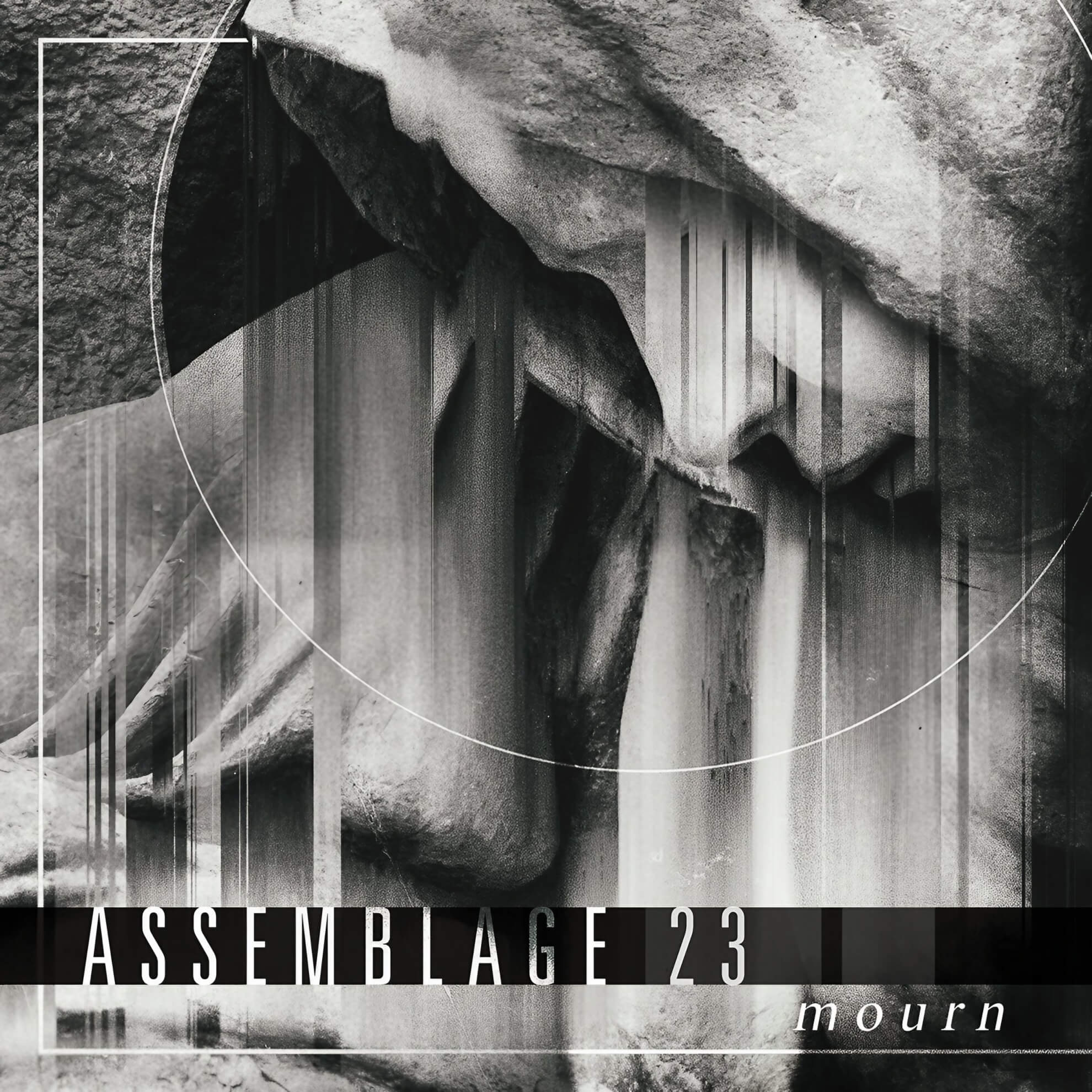 The black and white cover art for the Assemblage 23 album ‘Mourn,’ featuring a distorted, glitchy image of a grieving statue’s face.