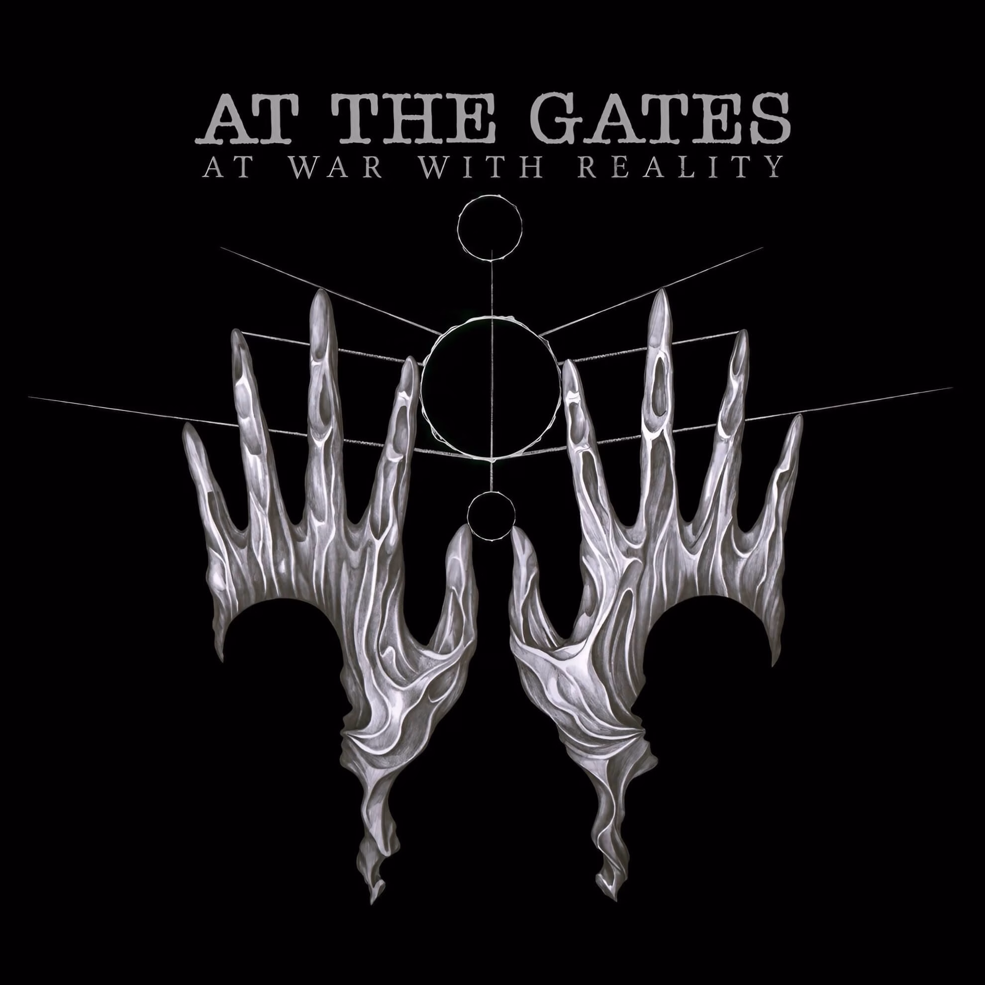 The album cover for At The Gates&rsquo; &lsquo;At War with Reality,&rsquo; featuring a symmetrical design of metallic, claw-like hands on a black background.