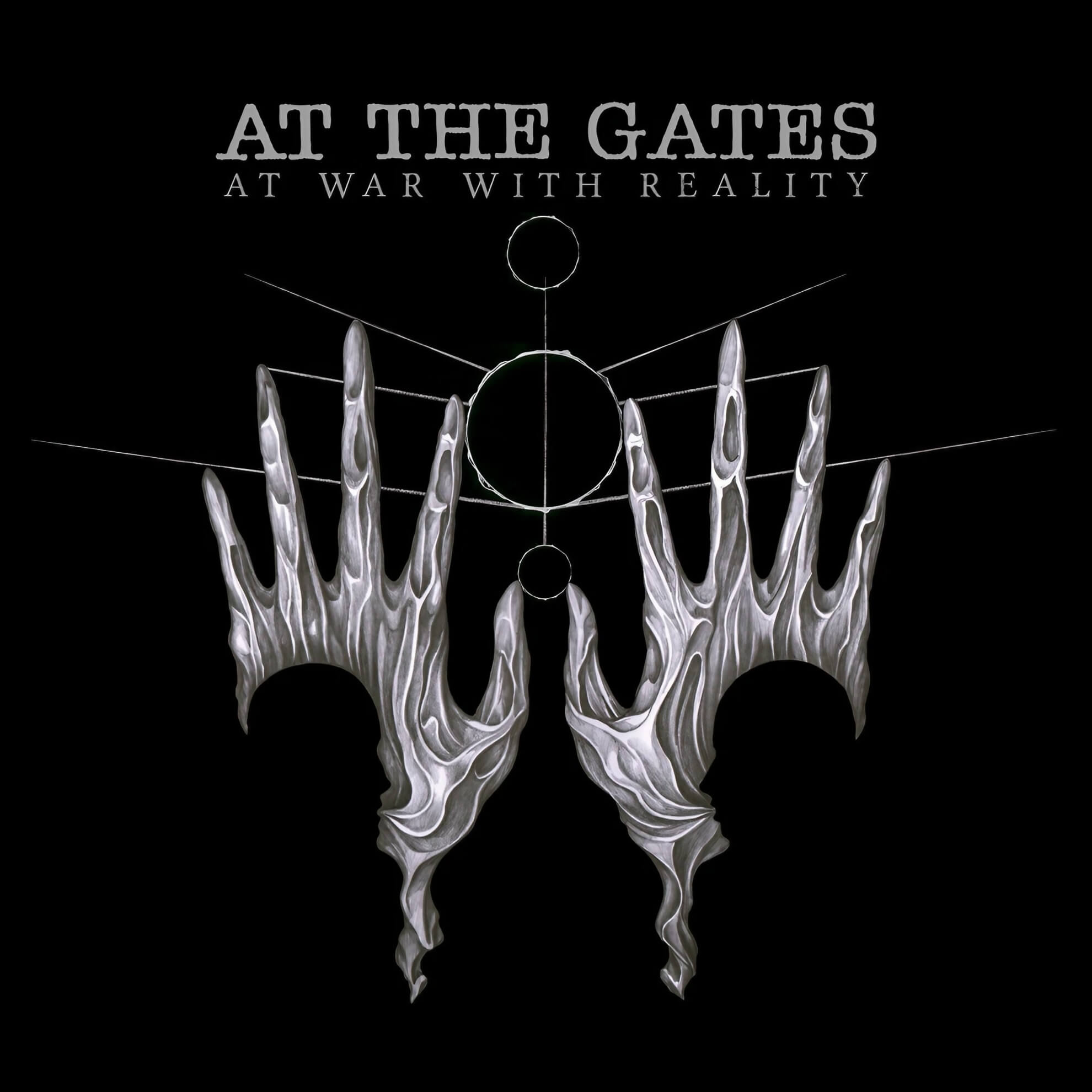 The album cover for At The Gates’ ‘At War with Reality,’ featuring a symmetrical design of metallic, claw-like hands on a black background.