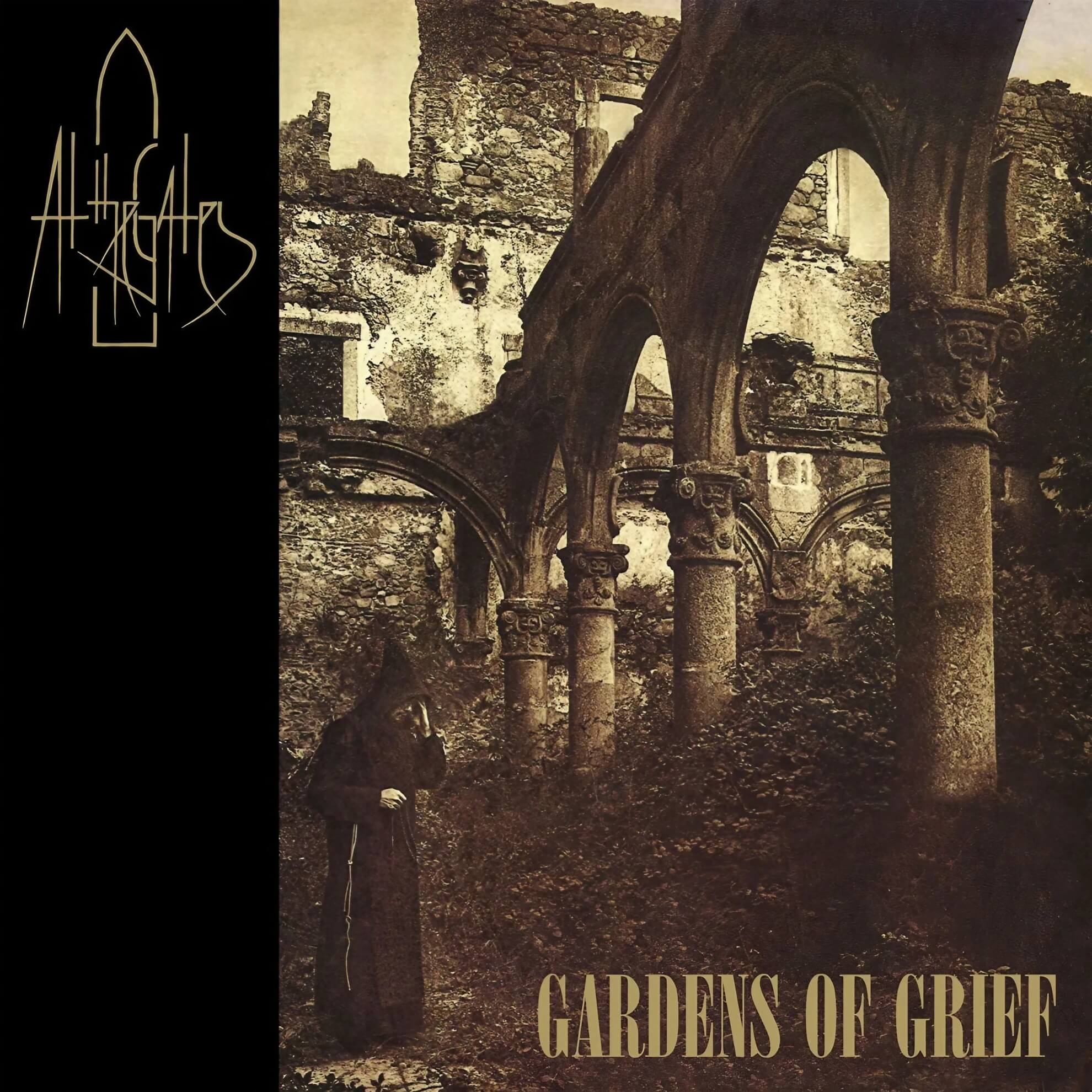 The album cover for At The Gates’ ‘Gardens of Grief’ shows a hooded figure in a mask standing before stone ruins.