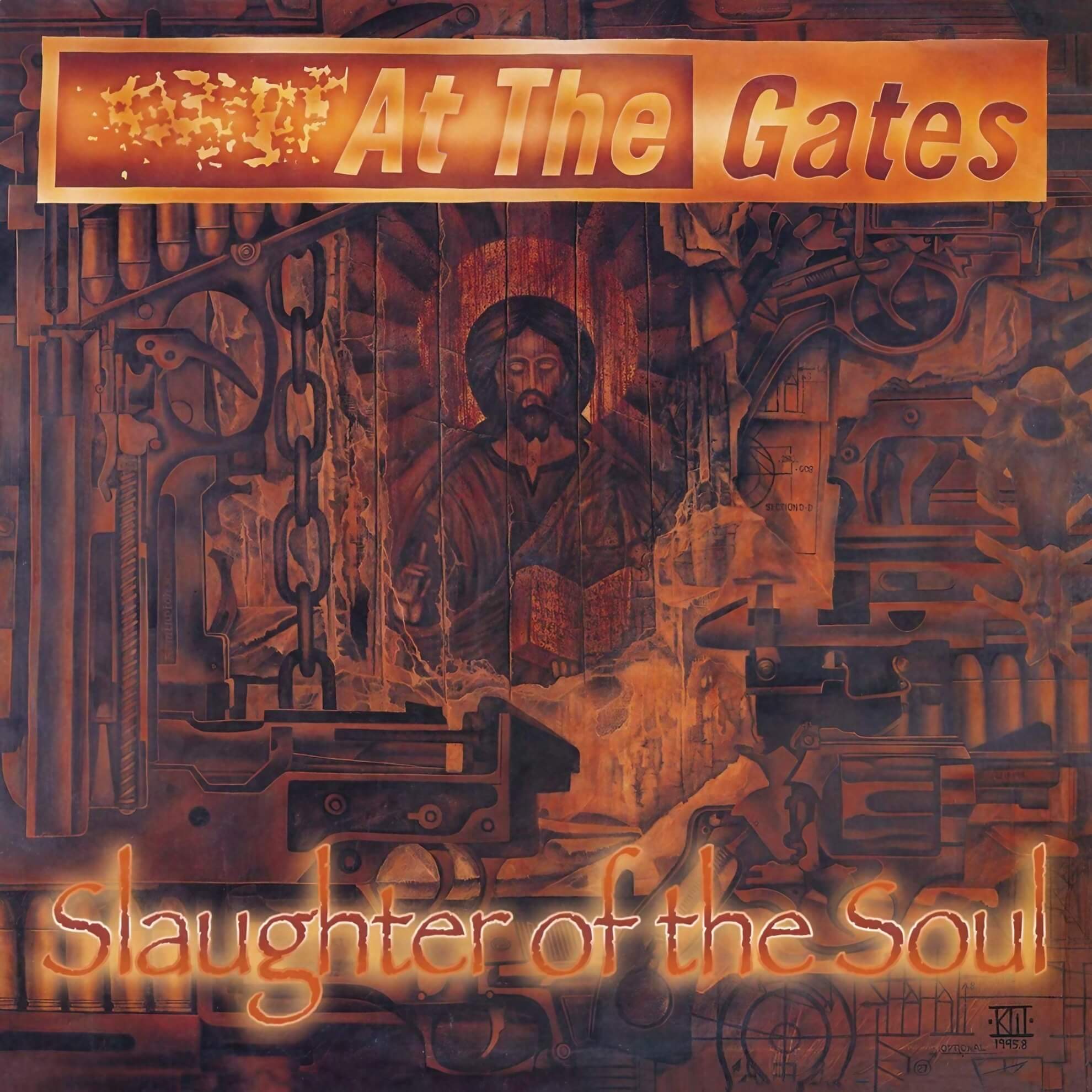 The album cover for At The Gates’ ‘Slaughter of the Soul,’ featuring an illustration of a Christ-like figure surrounded by a collage of firearms and industrial machinery.