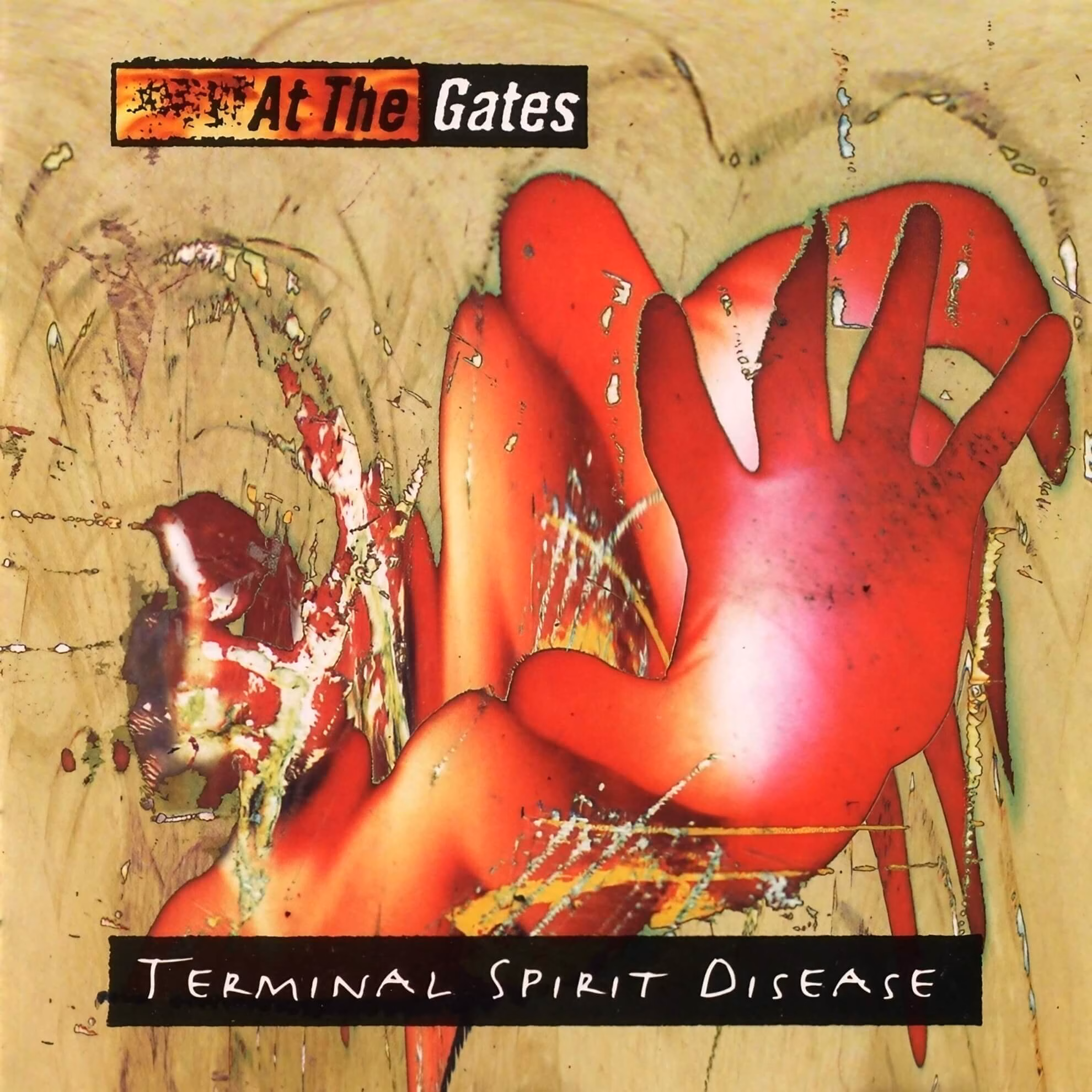 The album cover for At The Gates&rsquo; &lsquo;Terminal Spirit Disease,&rsquo; featuring a distorted, abstract image of a red figure against a tan background.