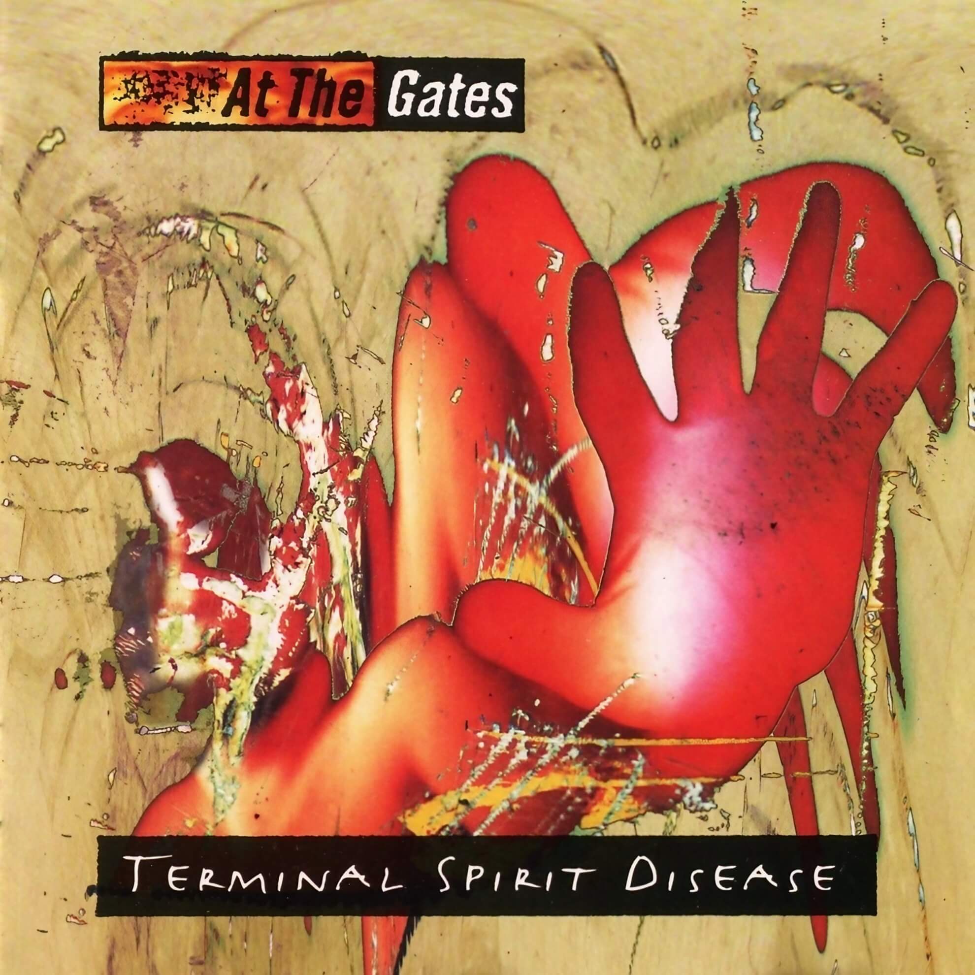 The album cover for At The Gates’ ‘Terminal Spirit Disease,’ featuring a distorted, abstract image of a red figure against a tan background.