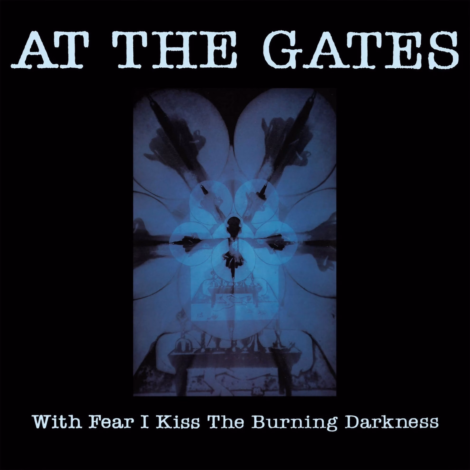 The album cover for At The Gates&rsquo; &lsquo;With Fear I Kiss the Burning Darkness,&rsquo; featuring a symmetrical, blue-tinted abstract design.
