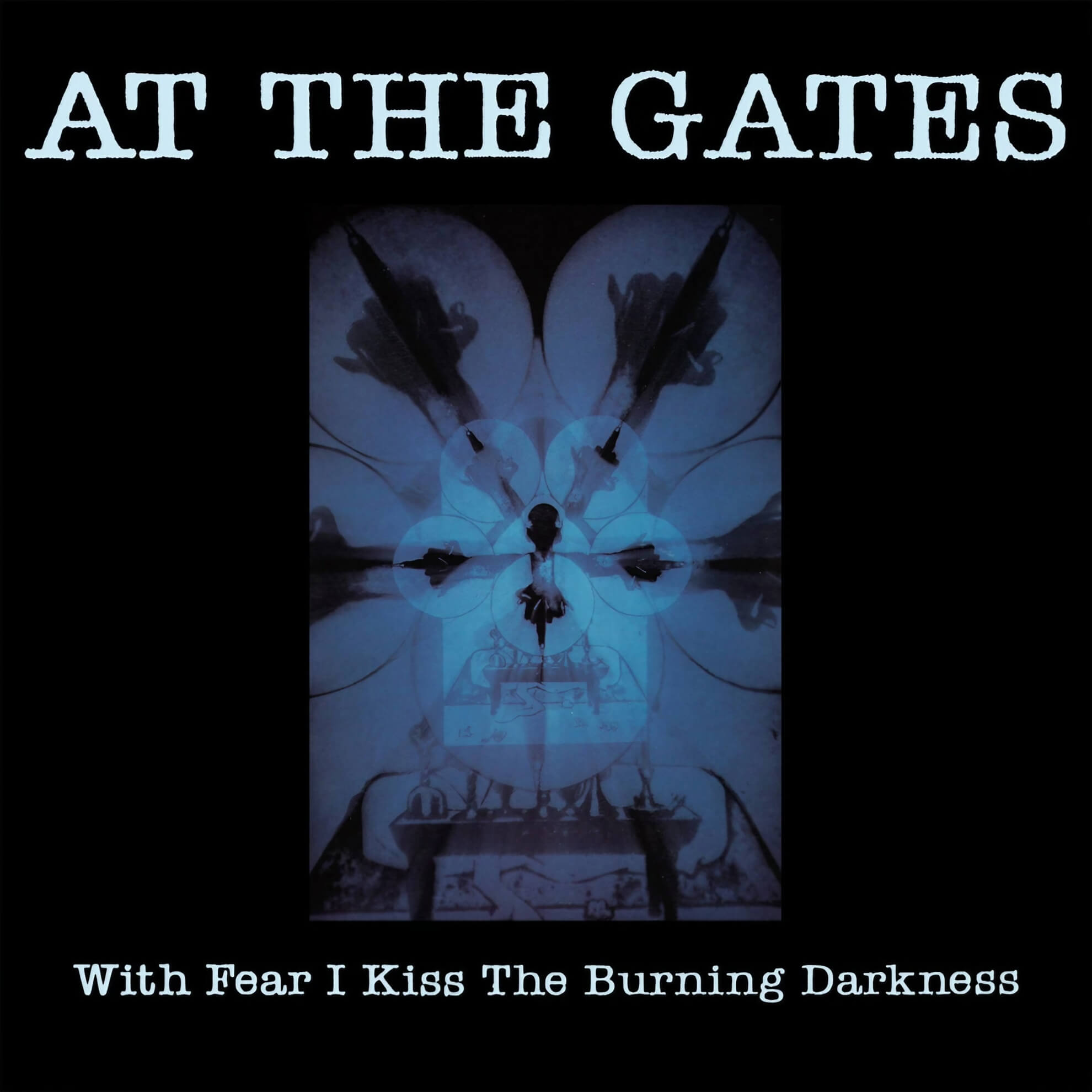 The album cover for At The Gates’ ‘With Fear I Kiss the Burning Darkness,’ featuring a symmetrical, blue-tinted abstract design.