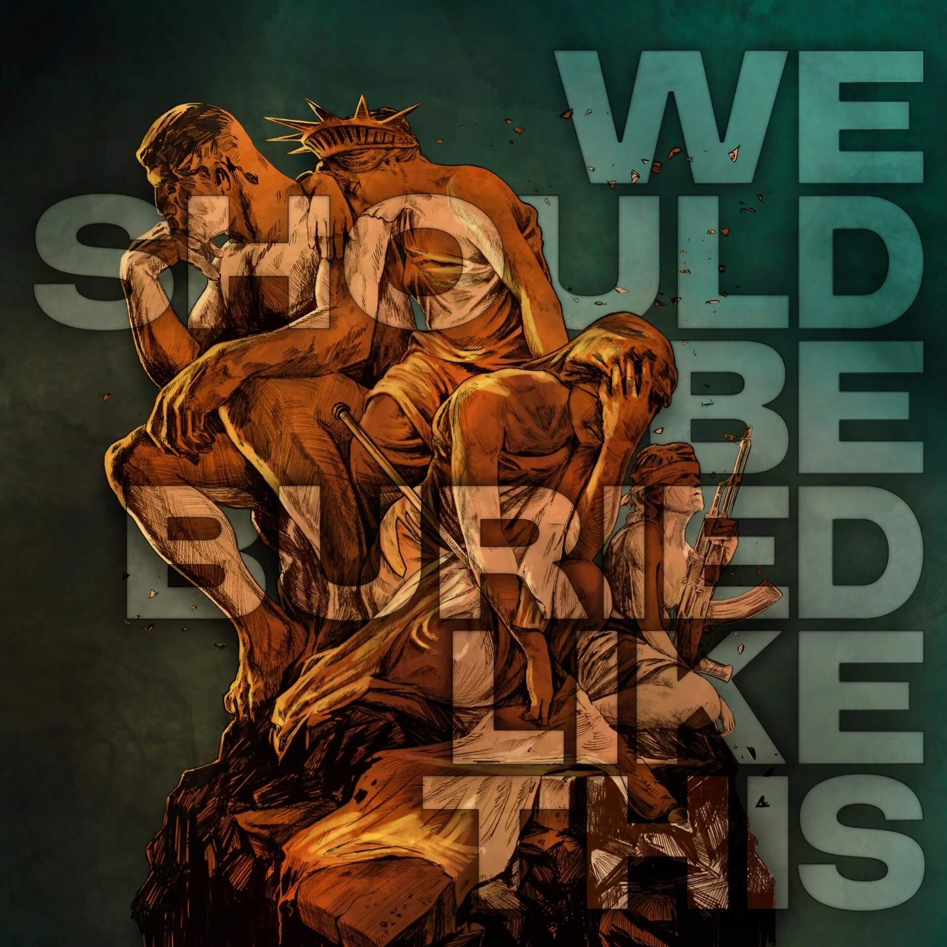 A golden sculpture of figures in despair, including a weary Statue of Liberty, on a dark teal background.