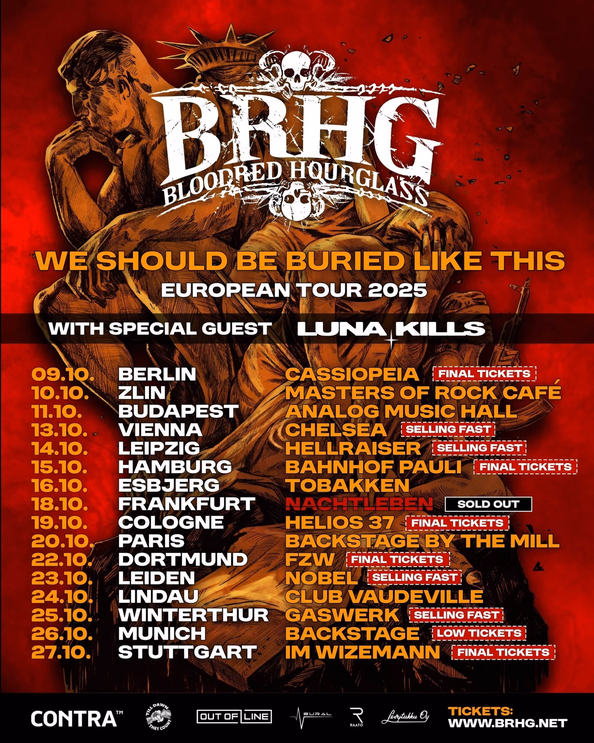 Bloodred Hourglass: Confronting the Apocalypse with ‘We Should Be Buried Like This’ Poster for the We Should Be Buried Like This tour. Features Bloodred Hourglass and Luna Kills, with artwork of despairing statues.