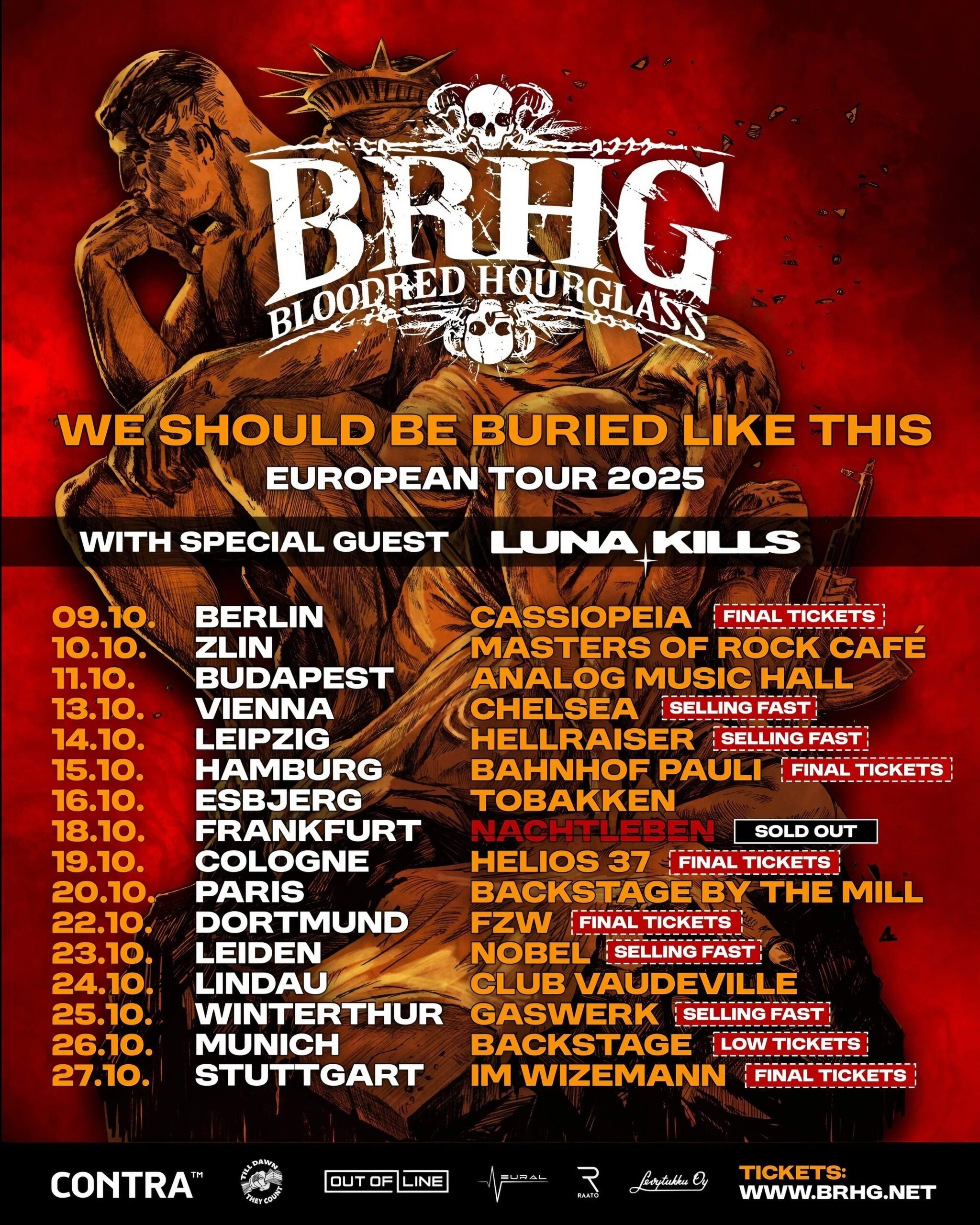 Poster for the We Should Be Buried Like This tour. Features Bloodred Hourglass and Luna Kills, with artwork of despairing statues.
