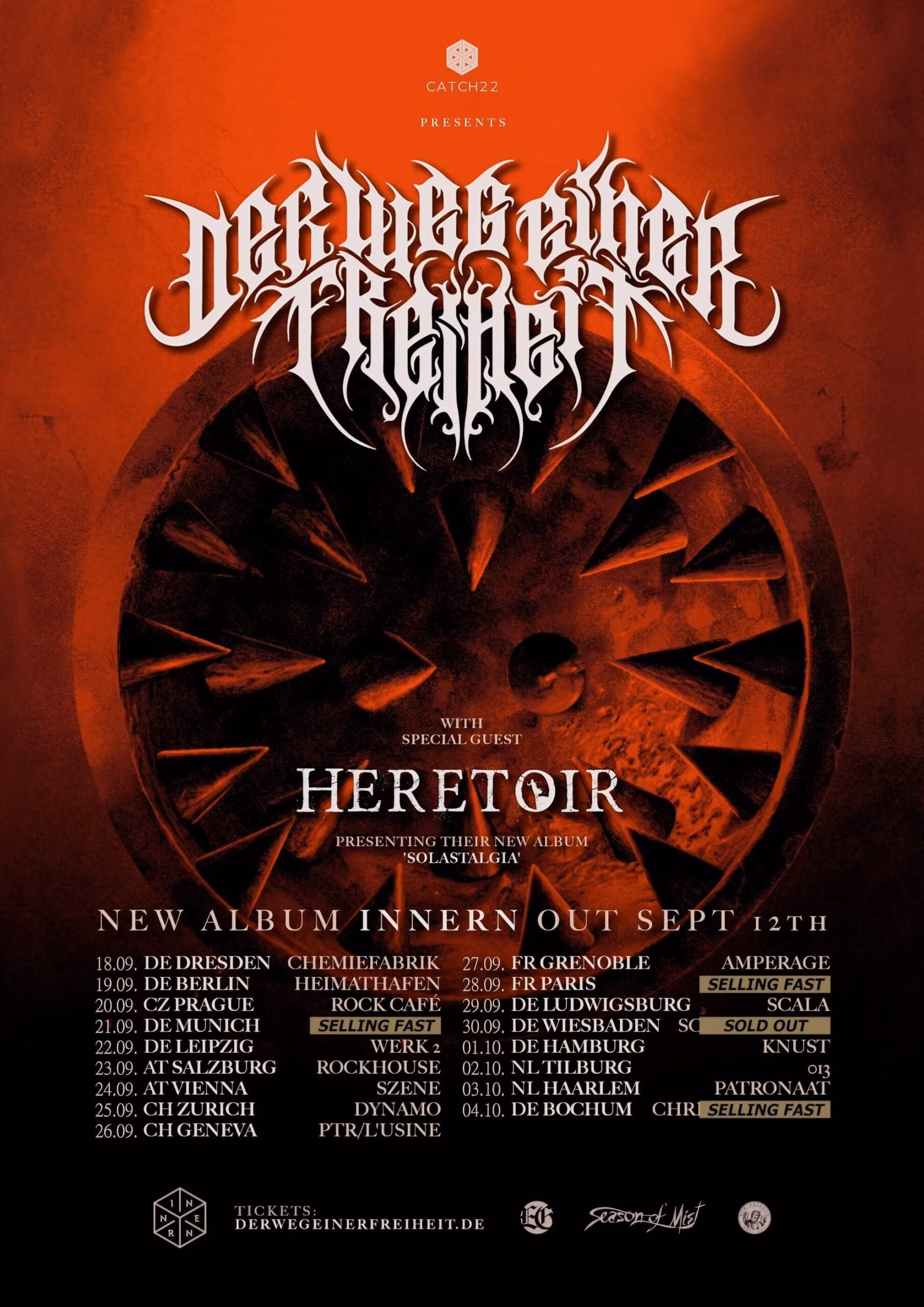 Official 2025 European tour poster for Der Weg einer Freiheit with special guest Heretoir. The poster is red and black and lists tour dates for September and October.