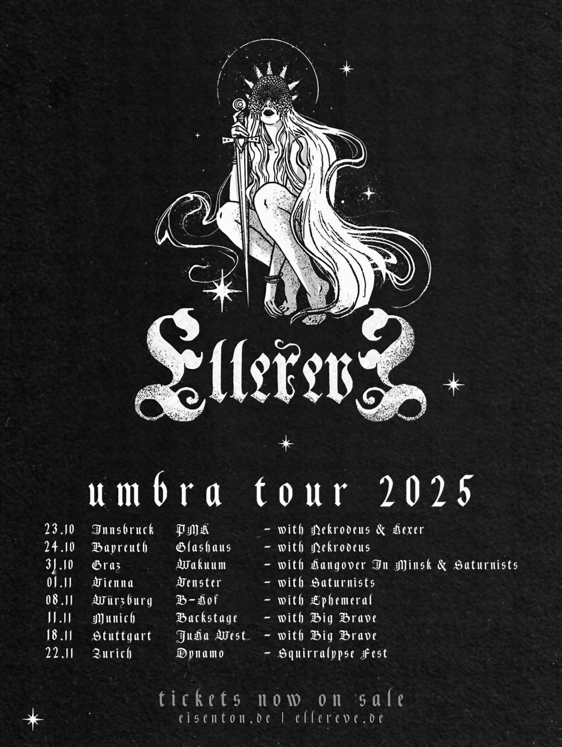 A black and white tour poster for Ellereve&rsquo;s &lsquo;Umbra&rsquo; Tour 2025, featuring an illustration of a crowned figure with a sword and a list of European tour dates.