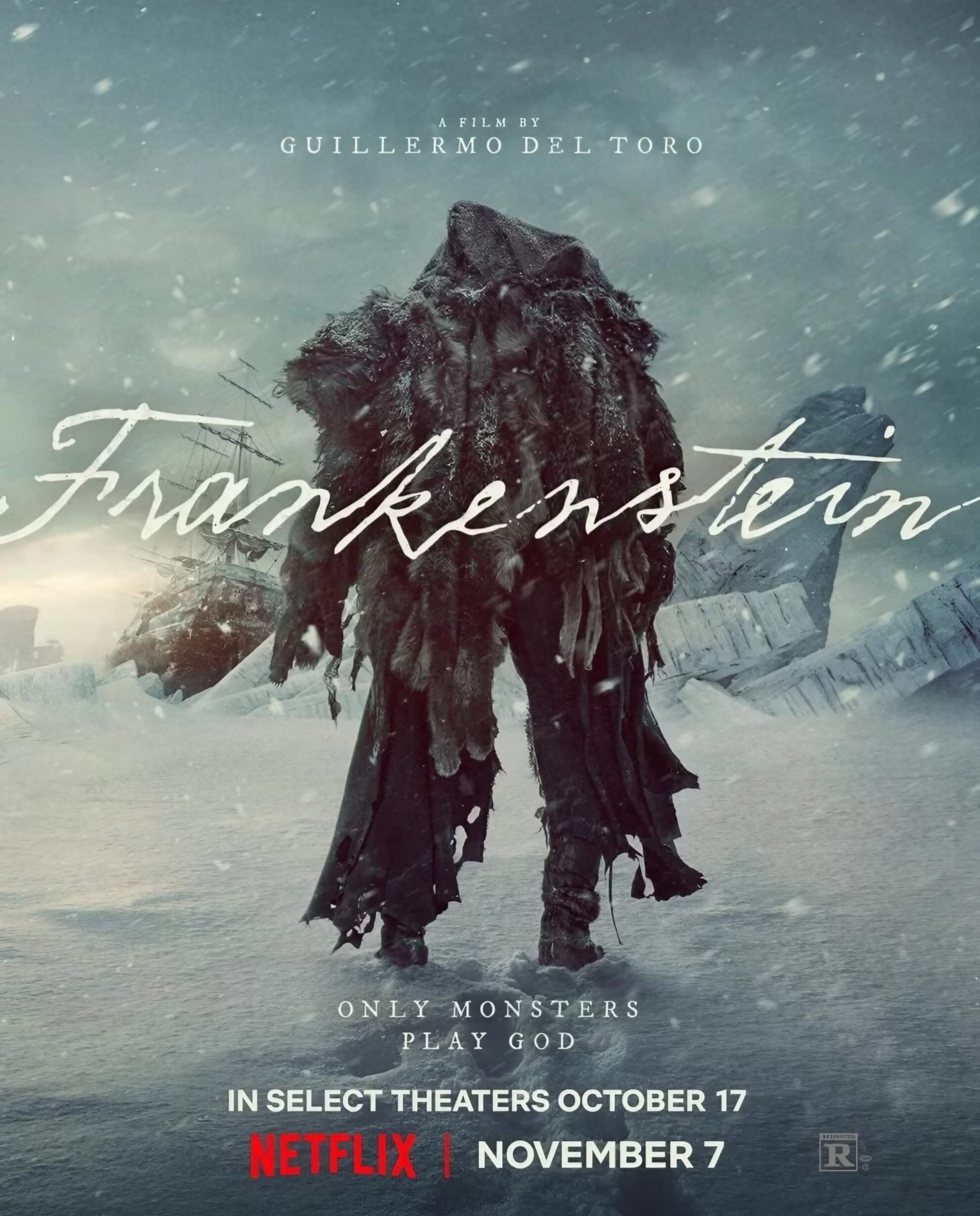 The official poster for Guillermo del Toro’s ‘Frankenstein,’ featuring the “Creature” in a snowy, arctic landscape.