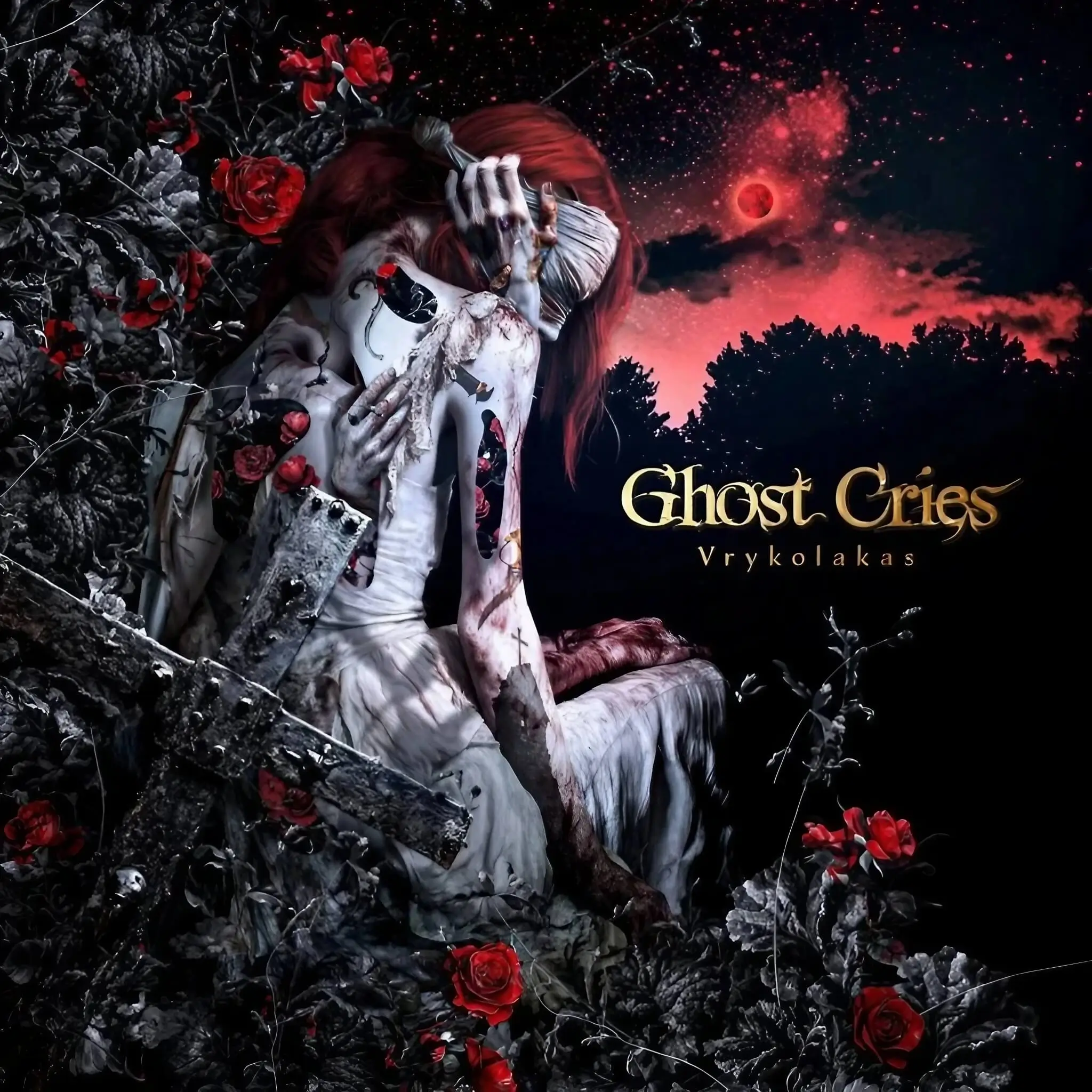 A monster with glowing eyes looms over Greek ruins under a blood-red moon. Its dark claws reach forward.