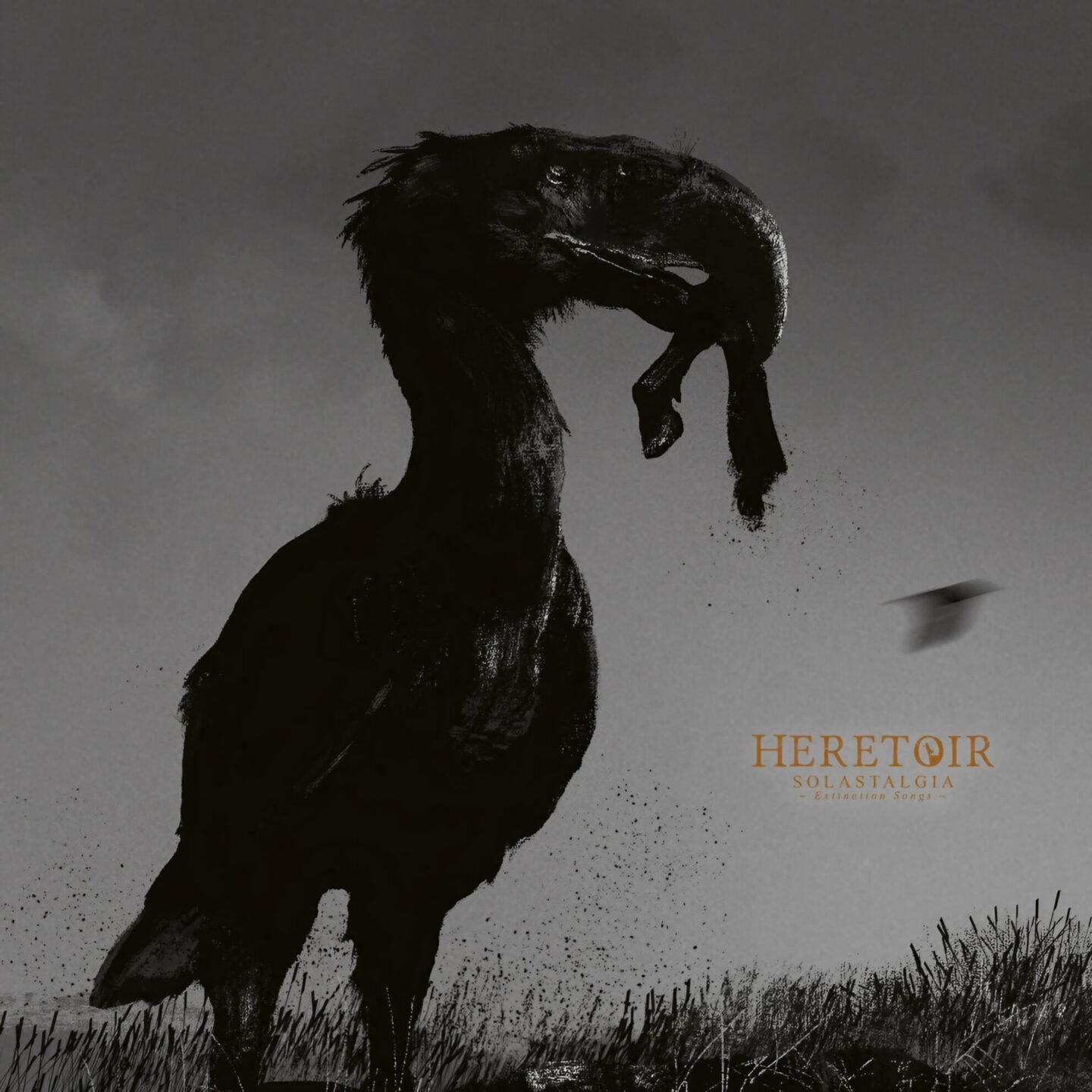 The album cover for Heretoir’s ‘Solastalgia,’ featuring a large, dark, prehistoric-looking bird holding prey in its beak in a bleak landscape.