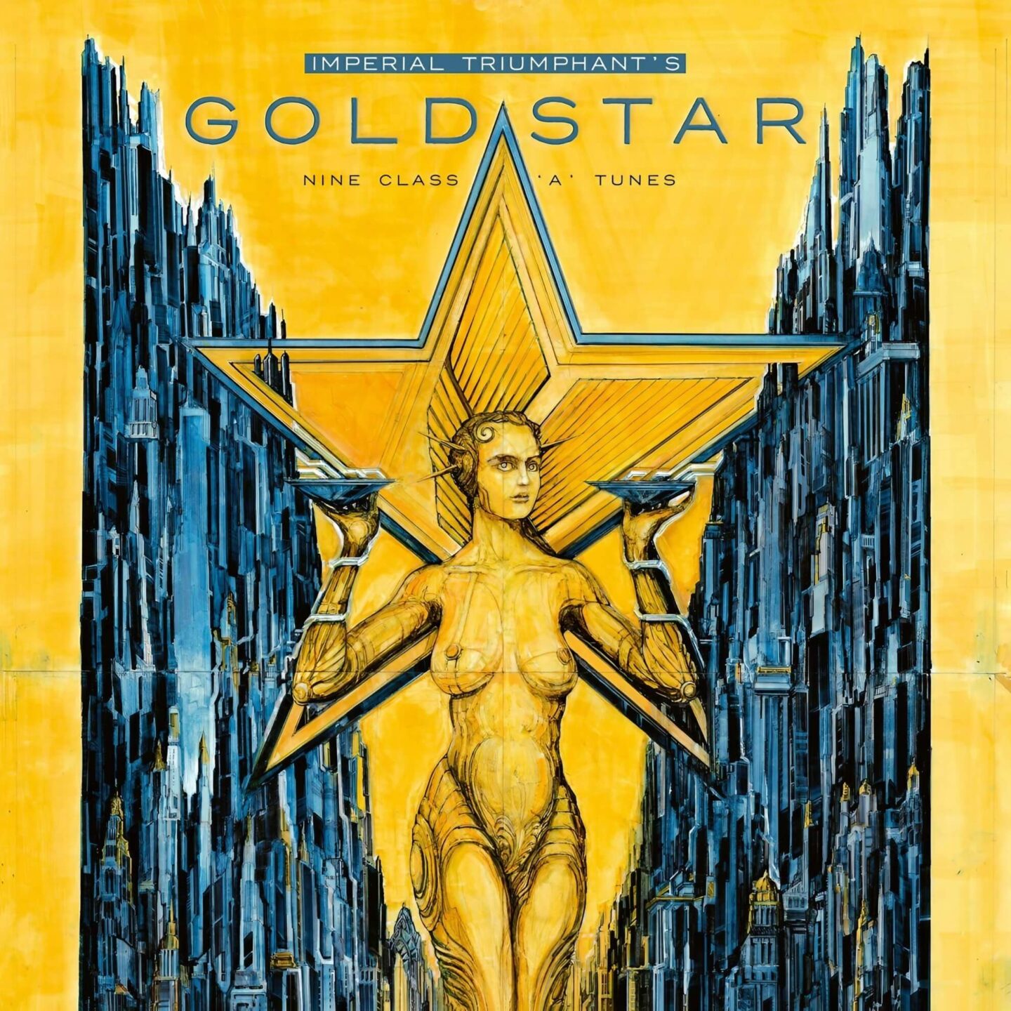 Art Deco-style album cover for Imperial Triumphant’s ‘Goldstar,’ featuring a golden humanoid figure standing before a futuristic cityscape, framed by a large star.