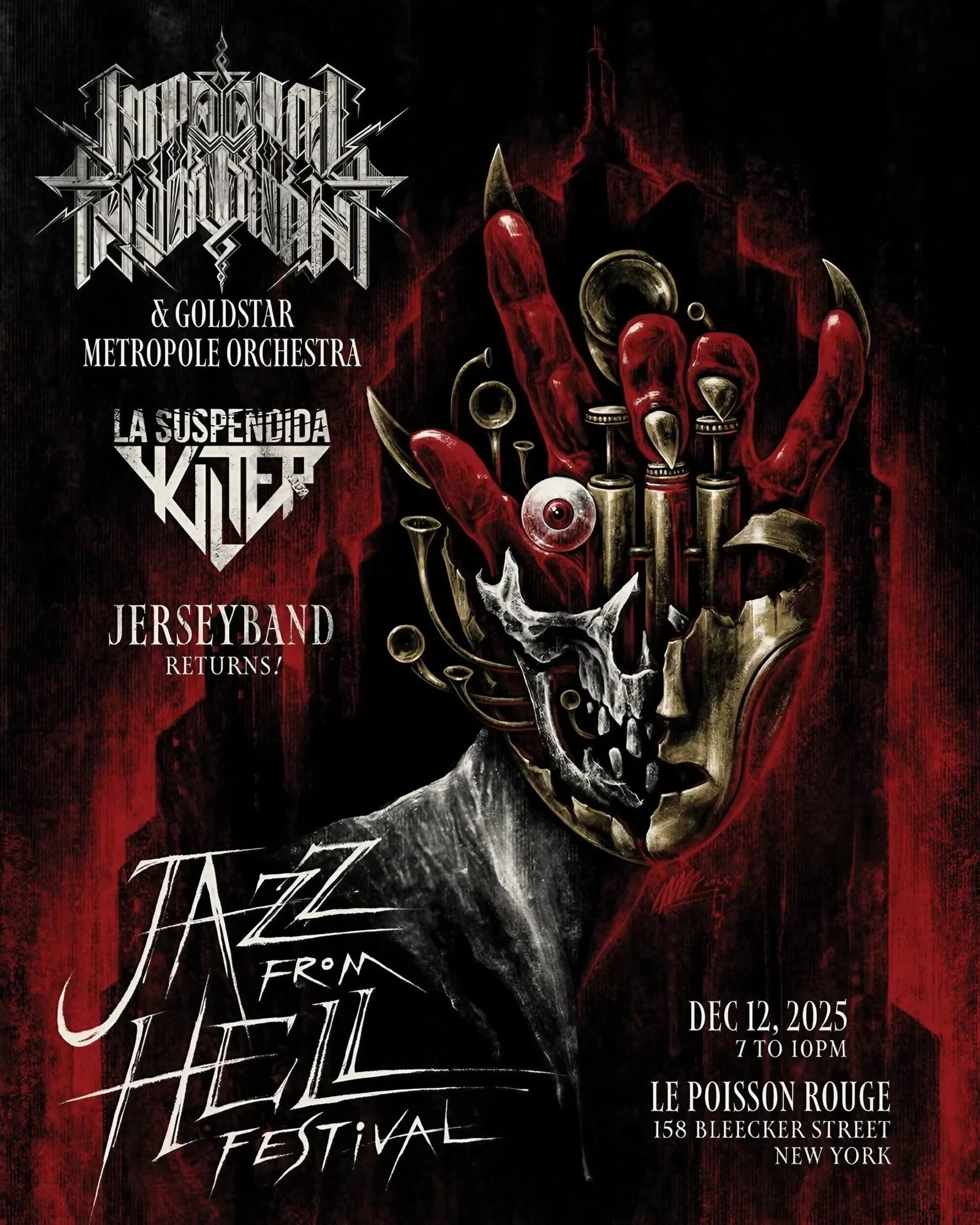 Official poster for the Jazz From Hell Festival, featuring a surreal illustration of a masked figure and the event’s lineup.