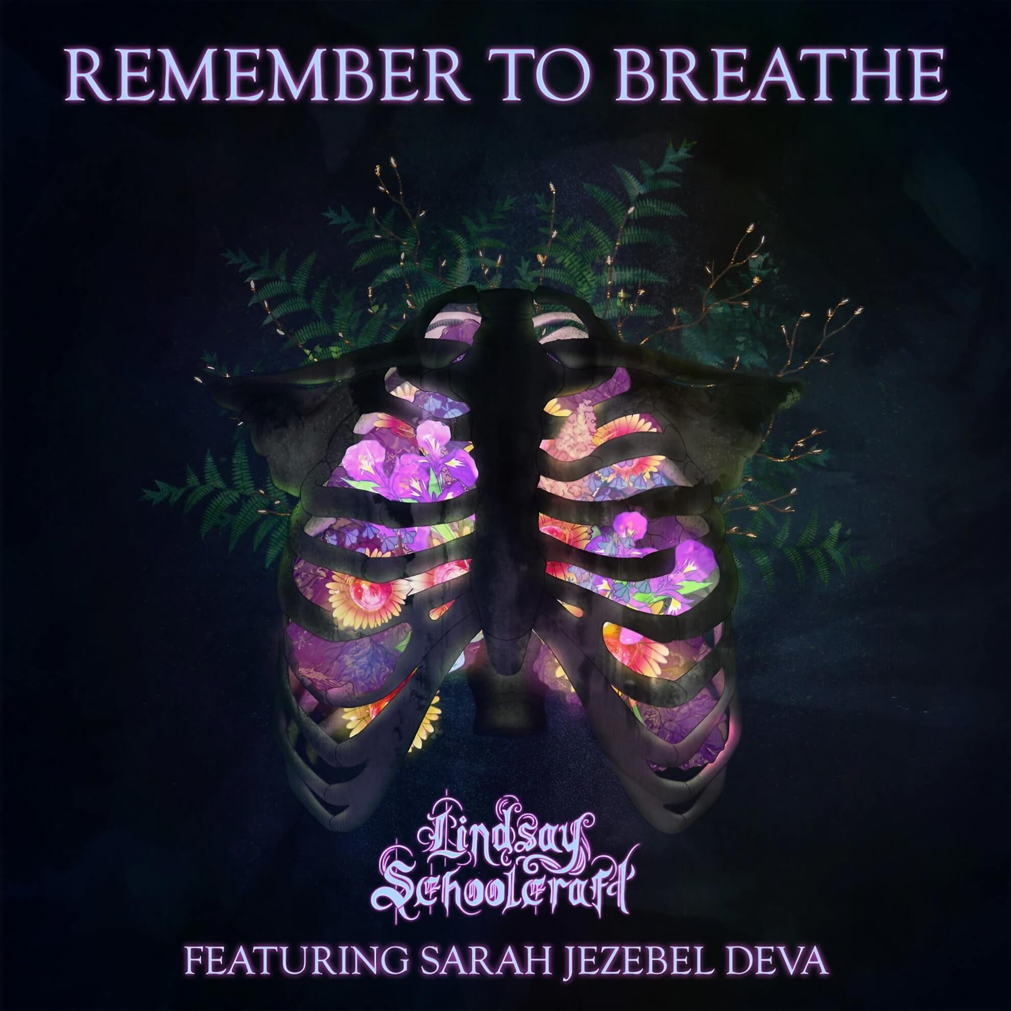 The cover art for ‘Remember to Breathe,’ featuring a human rib cage filled with colorful flowers against a dark background.