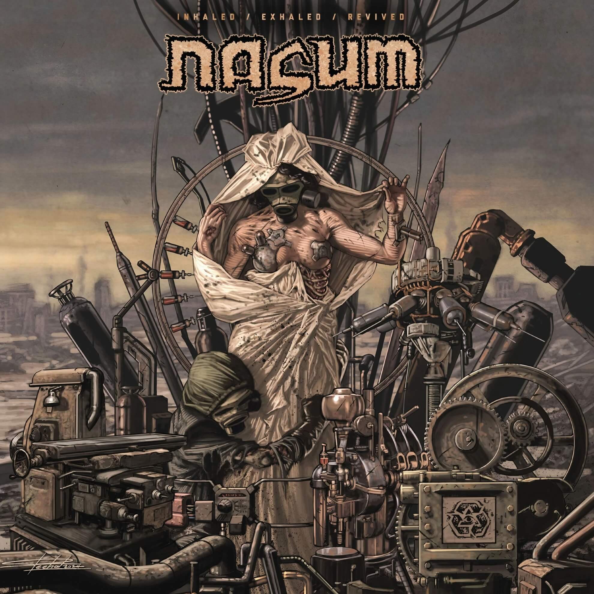 Cover art for the Nasum album reissue, ‘Inhaled/Exhaled/Revived,’ featuring a figure in a gas mask against a gritty, textured background.