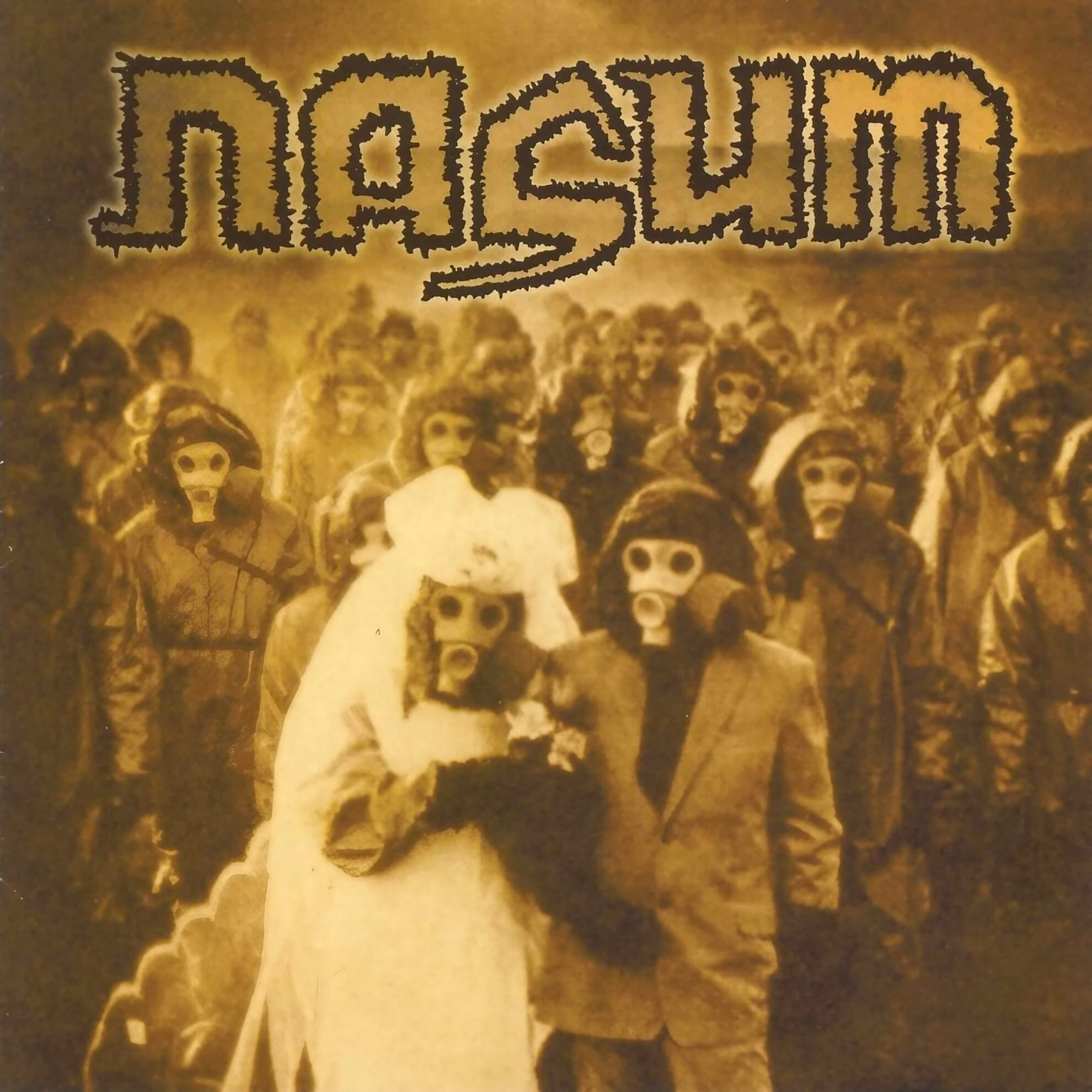 Original cover art for Nasum&rsquo;s 1998 album, &lsquo;Inhale/Exhale,&rsquo; showing a wedding party in which all guests are wearing gas masks.