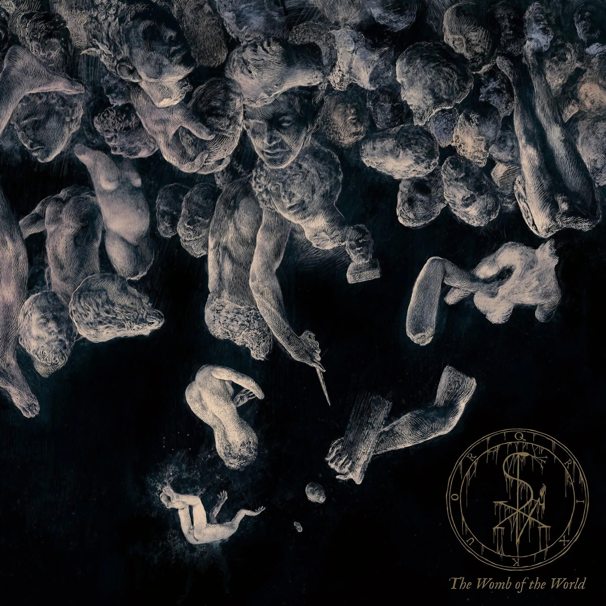 Album art for ‘The Womb of the World,’ featuring a cascade of grey, stone-like humanoid figures falling against a black background.