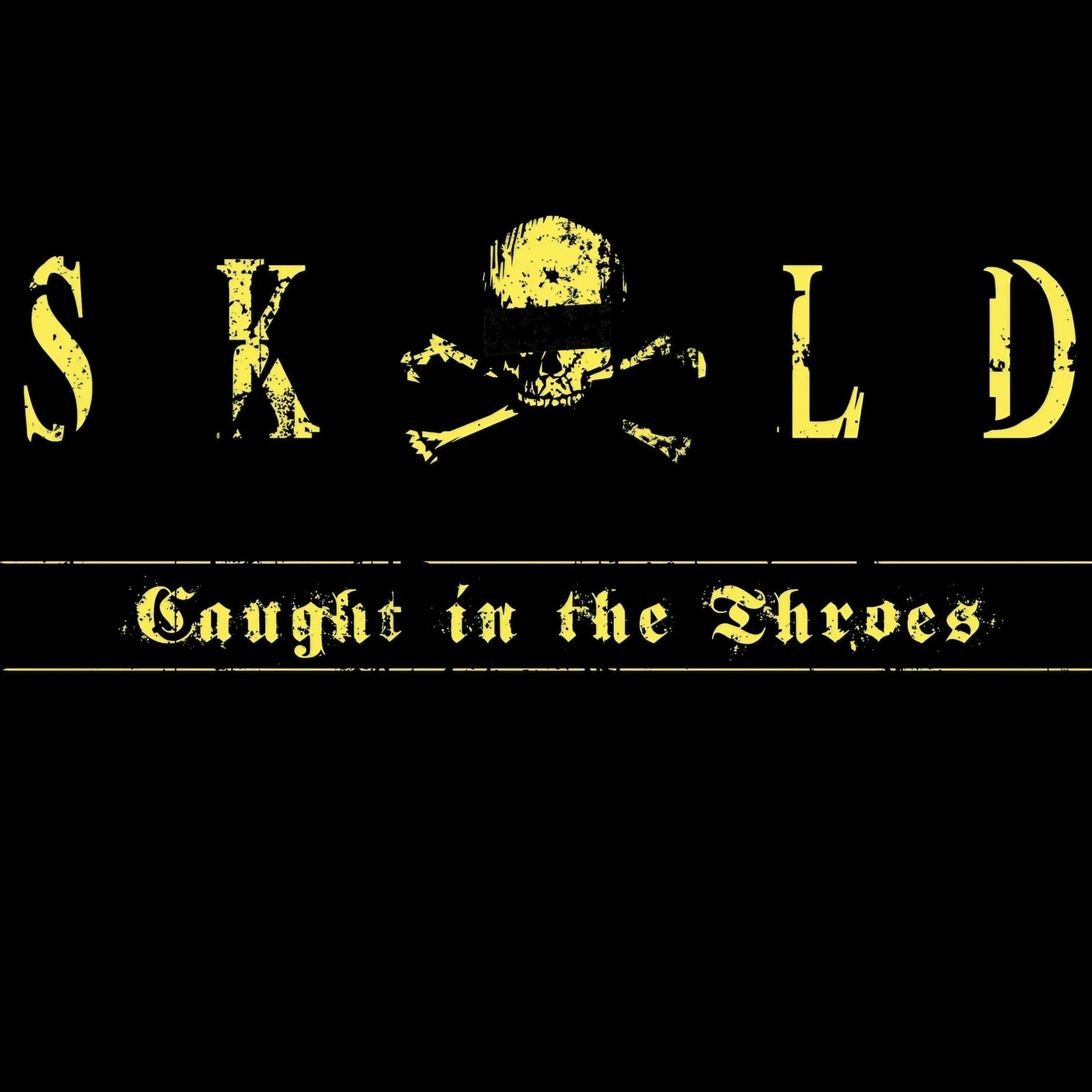 The album cover for ‘Caught In The Throes’ by Skold, featuring the title in a yellow, distressed font with a skull and crossbones.