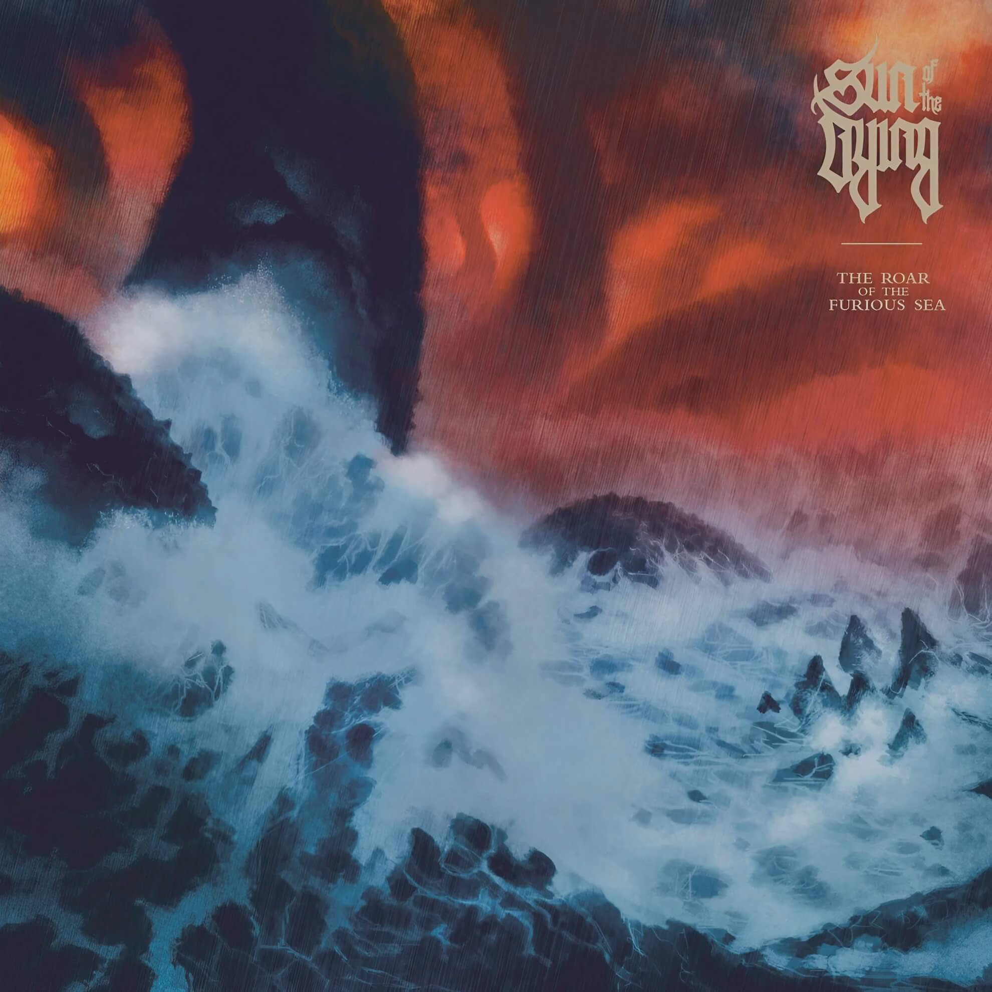 The album cover for &lsquo;The Roar of the Furious Sea.&rsquo; A painting of a chaotic, stormy ocean with large, churning waves under a dark, dramatic sky of red and orange clouds.