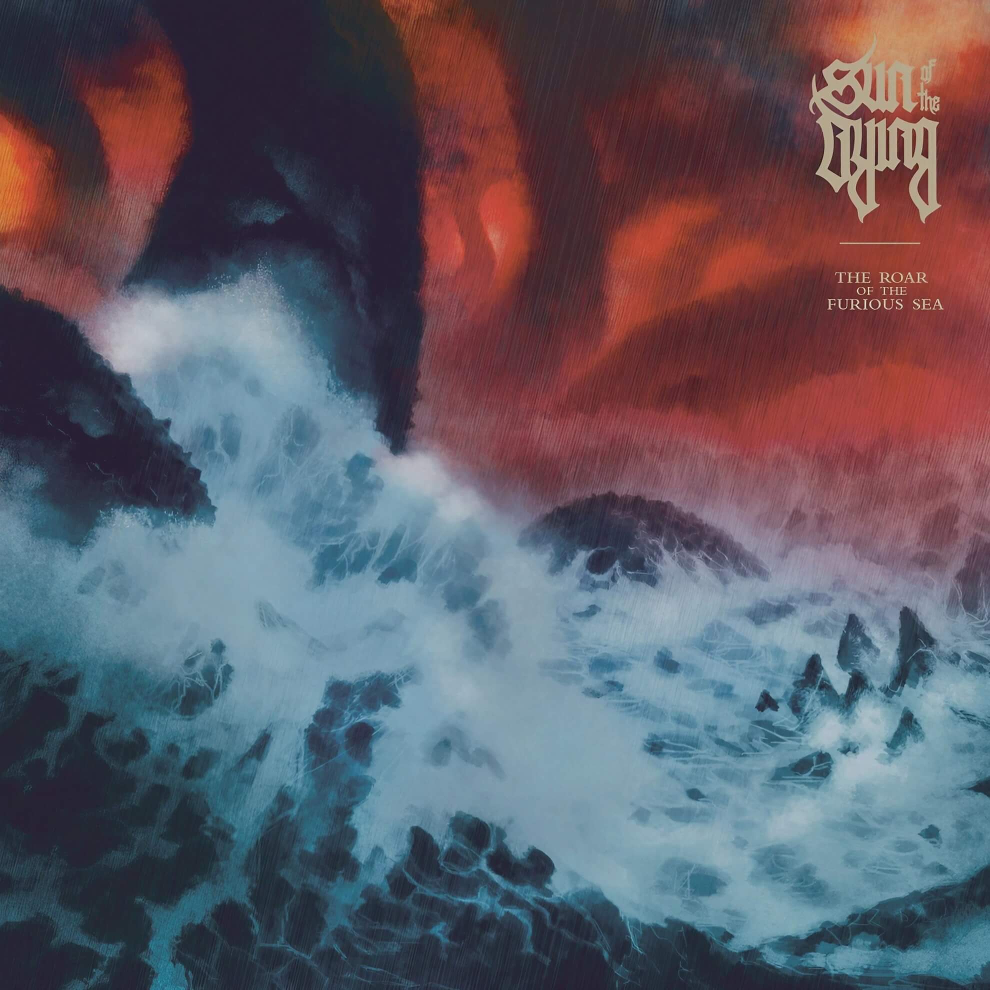 The album cover for ‘The Roar of the Furious Sea.’ A painting of a chaotic, stormy ocean with large, churning waves under a dark, dramatic sky of red and orange clouds.