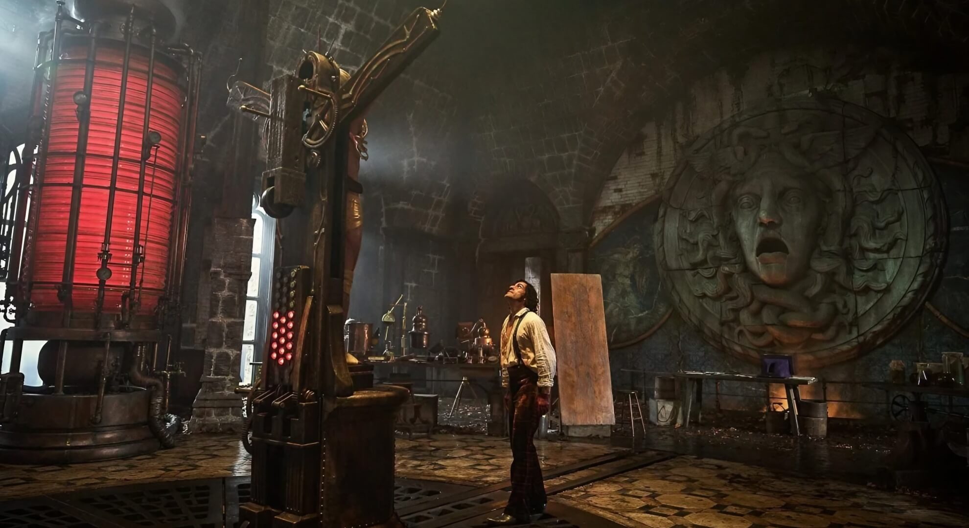 Oscar Isaac as Victor Frankenstein in his laboratory.