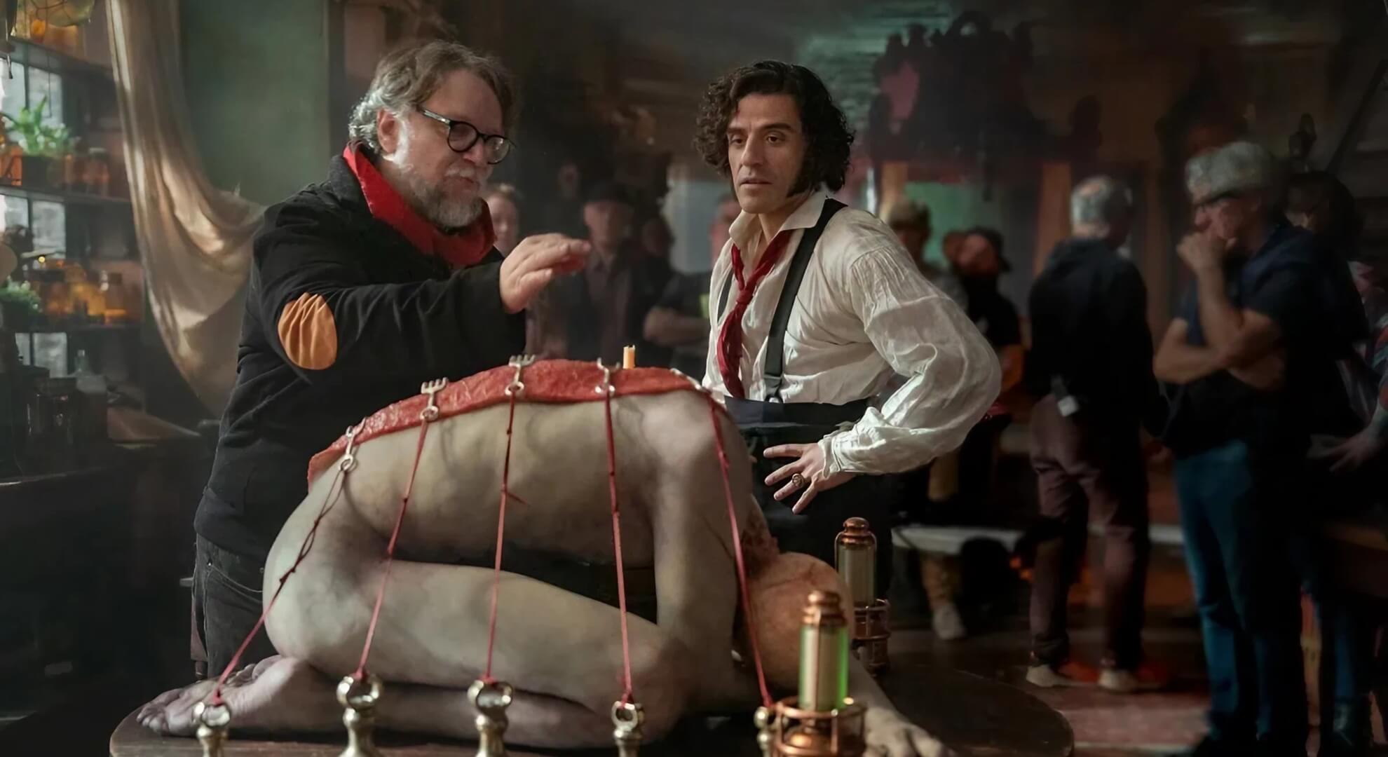 Director Guillermo del Toro on set with Oscar Isaac for the film ‘Frankenstein.’