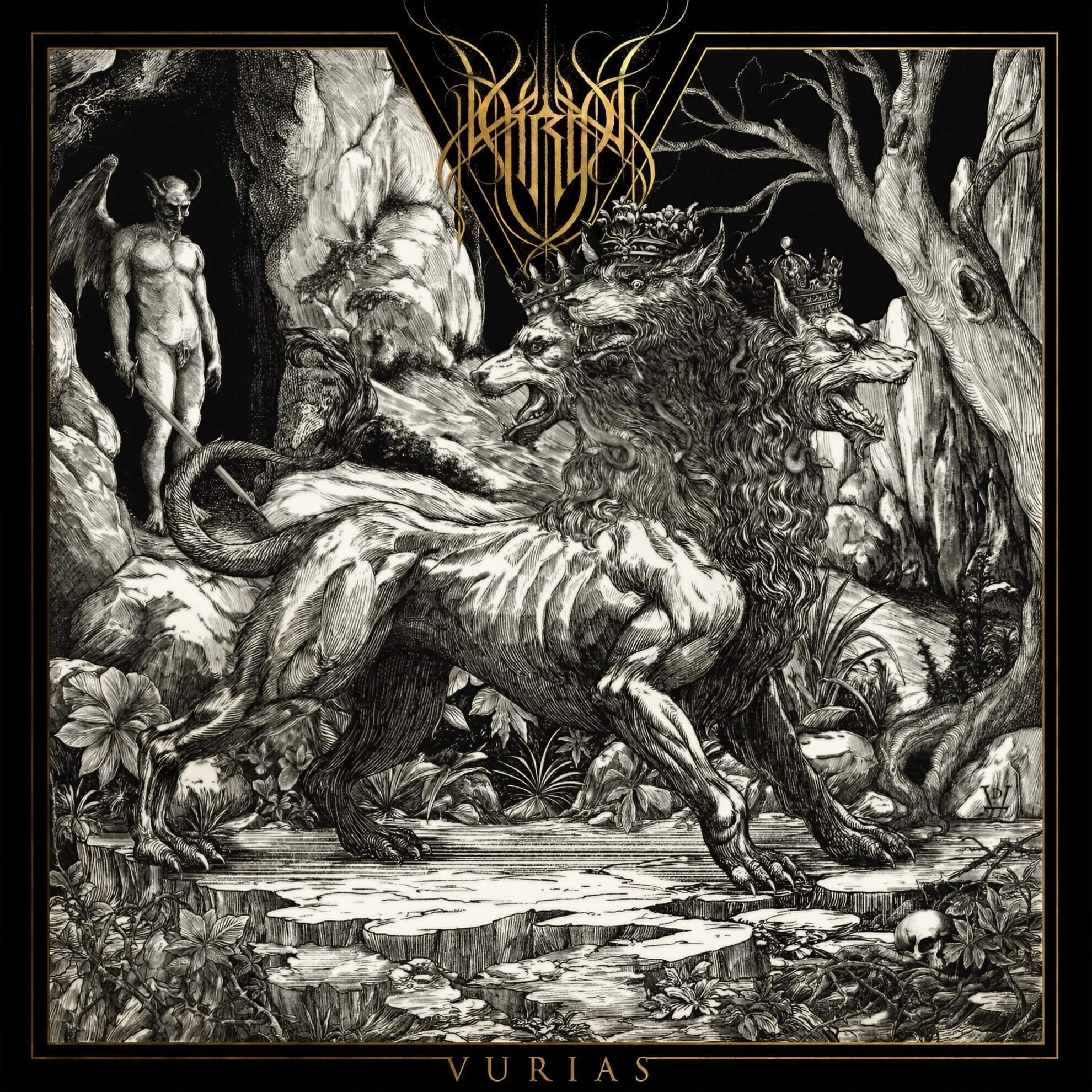 Thron: ‘The Serpent’s Path’ Sheds a New Burden of Black Metal’s Past The black-and-white illustrated album cover for ‘Vurias’ by Thron, featuring a mythical, three-headed wolf-like beast in a dark forest.