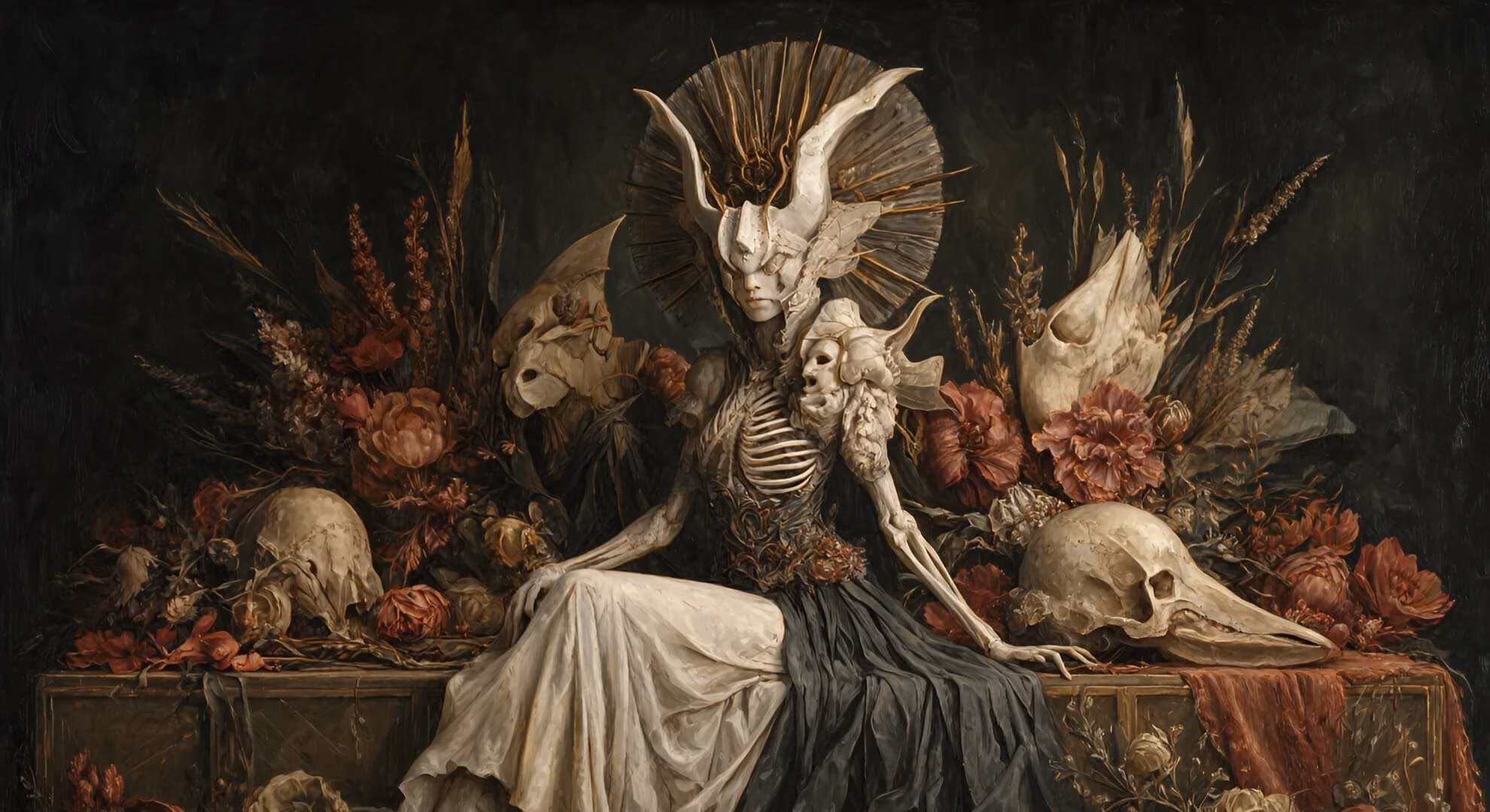 A baroque-style painting of a regal, skeletal figure with a horned headdress, surrounded by wilting flowers and skulls.