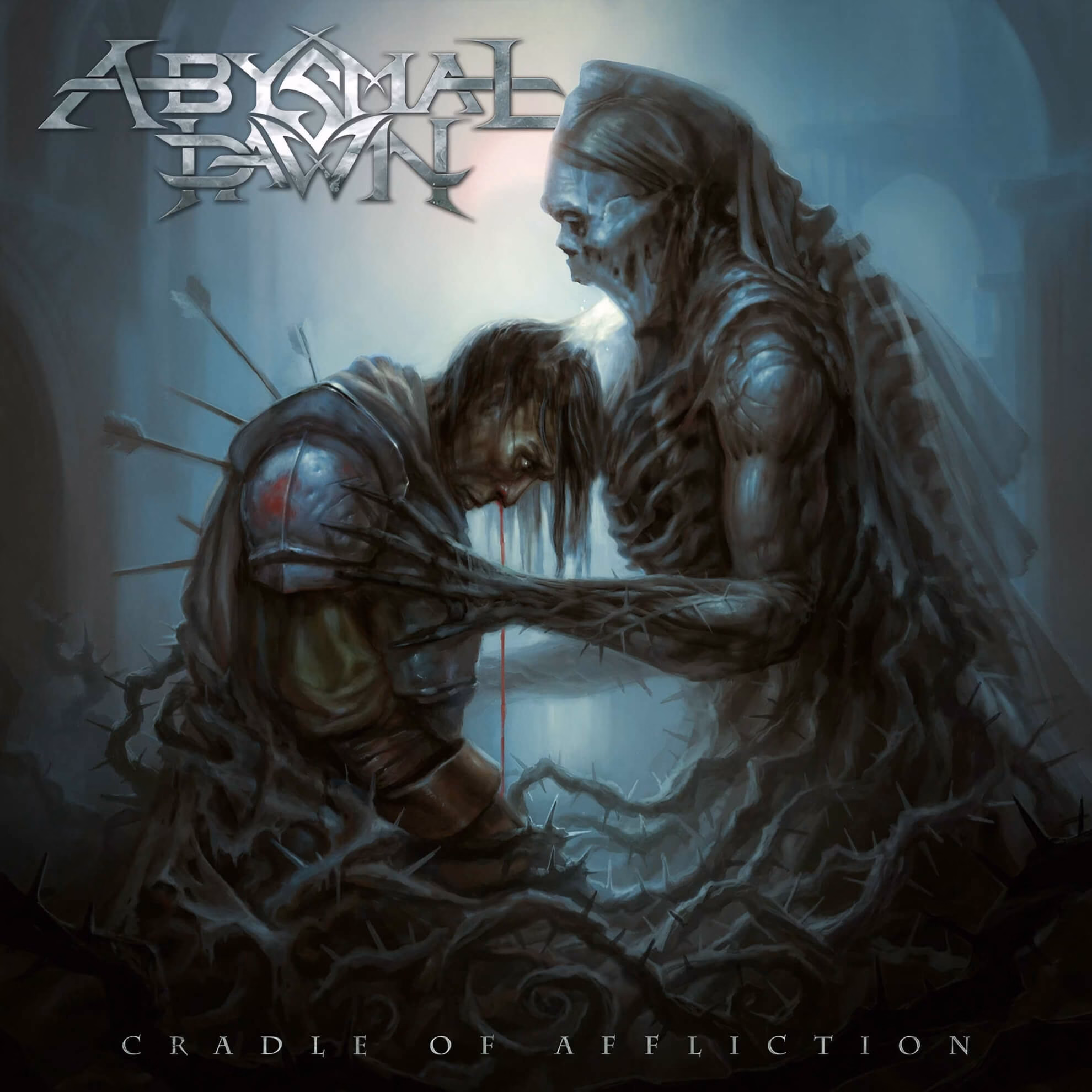 Album cover for &lsquo;Cradle of Affliction.&rsquo; A skeletal figure comforts a kneeling, arrow-pierced knight amid thorny roots.