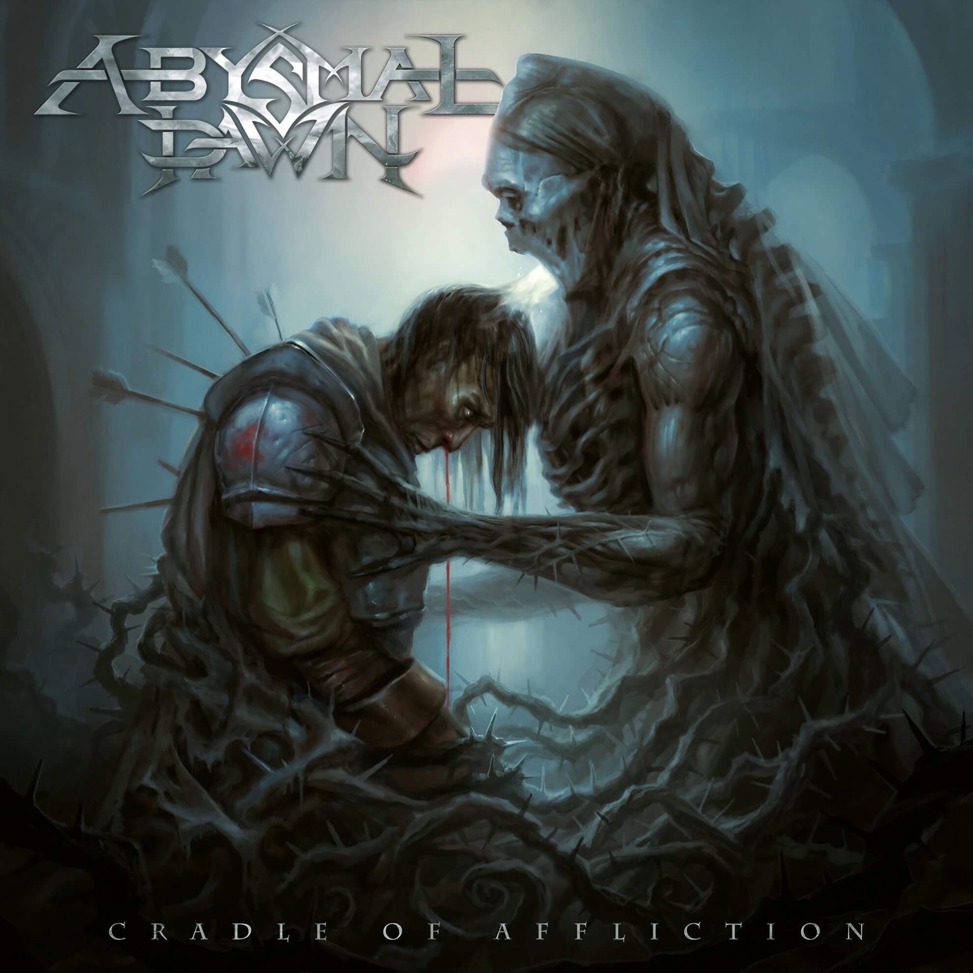 Album cover for ‘Cradle of Affliction.’ A skeletal figure comforts a kneeling, arrow-pierced knight amid thorny roots.