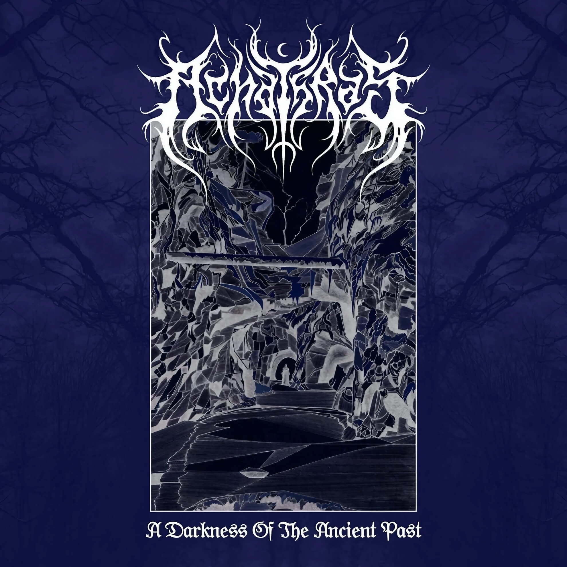 Album cover for ‘A Darkness Of The Ancient Past.’ An abstract, cavernous landscape is framed against a dark blue, wooded backdrop.