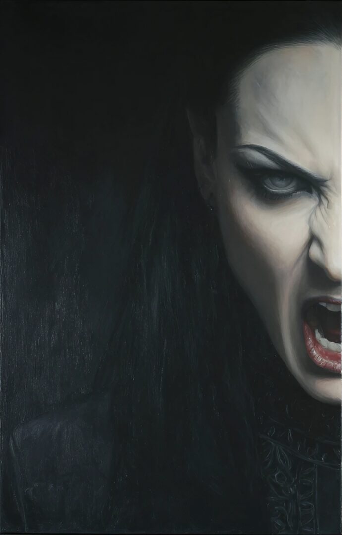 A close-up, realistic painting of a person with pale skin and dark, gothic makeup, their face contorted in an intense snarl against a black background.