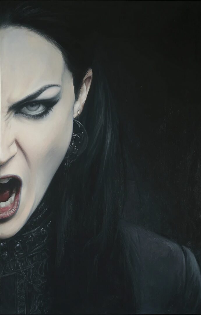 A close-up, realistic painting of a person with pale skin and dark, gothic makeup, their face contorted in an intense snarl against a black background.