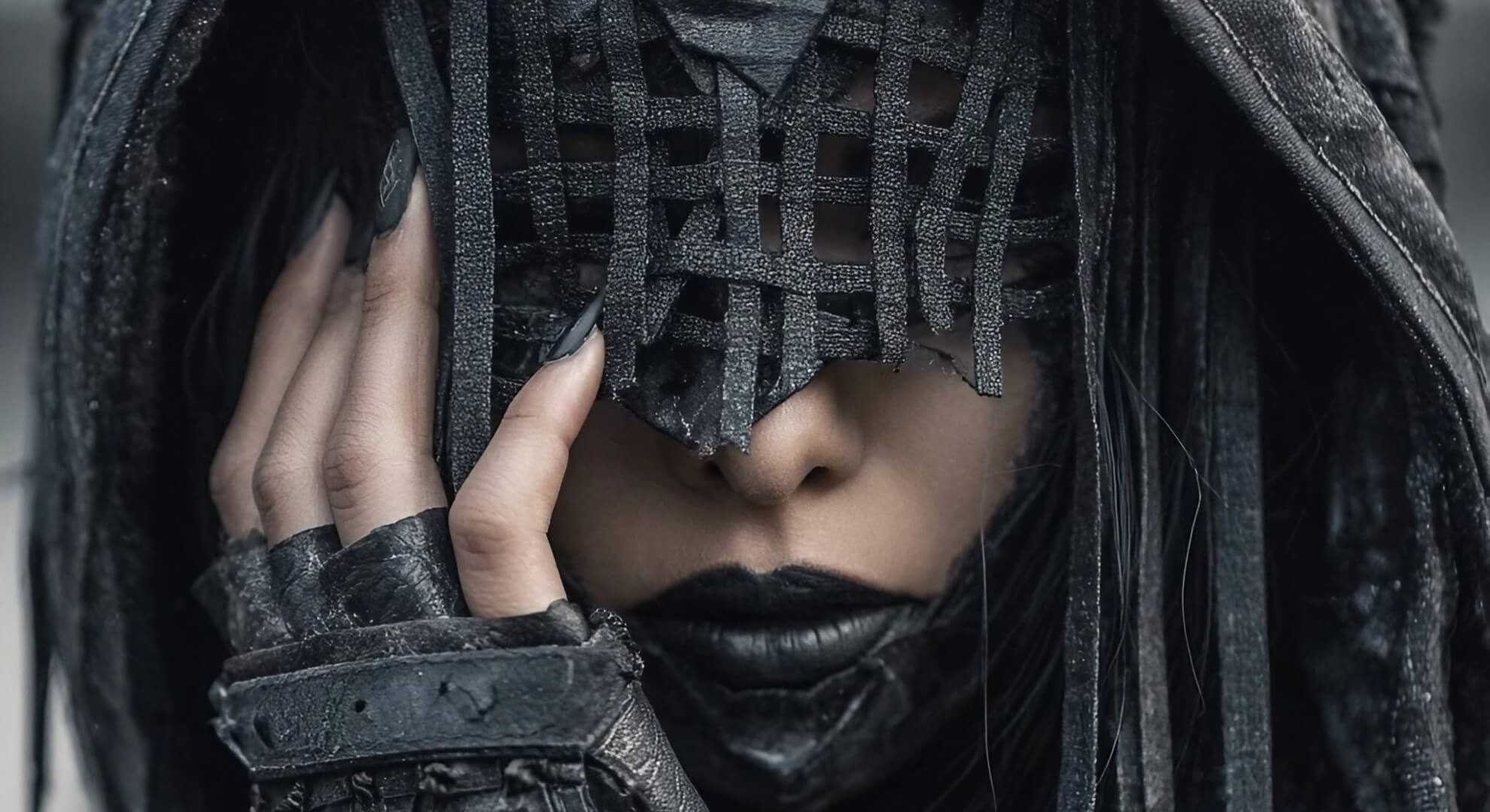 An atmospheric, close-up portrait of a person with dark lipstick, their face partially obscured by an intricate, woven black headpiece and hood.