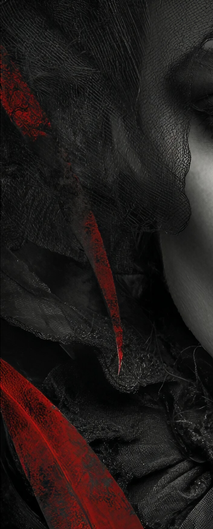 A triptych portrait of a woman’s face, partially covered by a black veil, framed by abstract red and black textures.