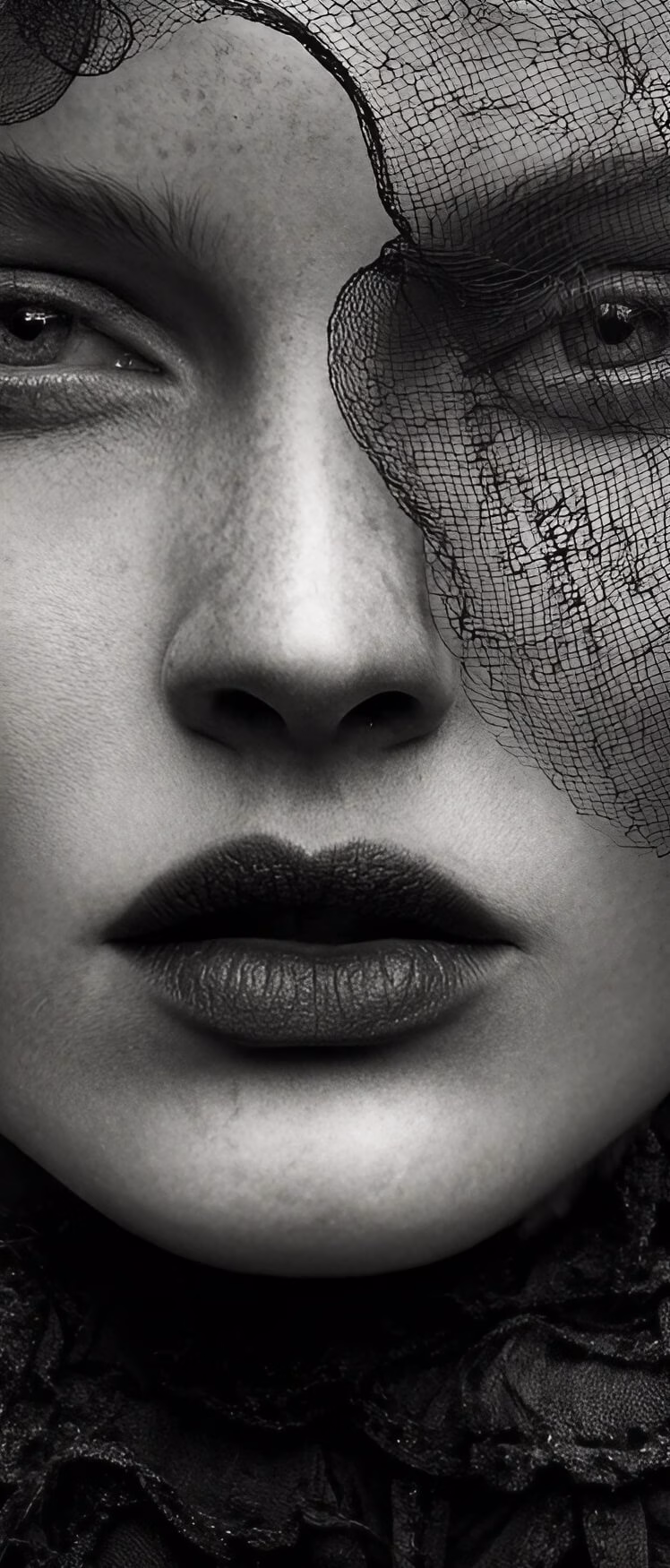 AExpo A triptych portrait of a woman’s face, partially covered by a black veil, framed by abstract red and black textures.